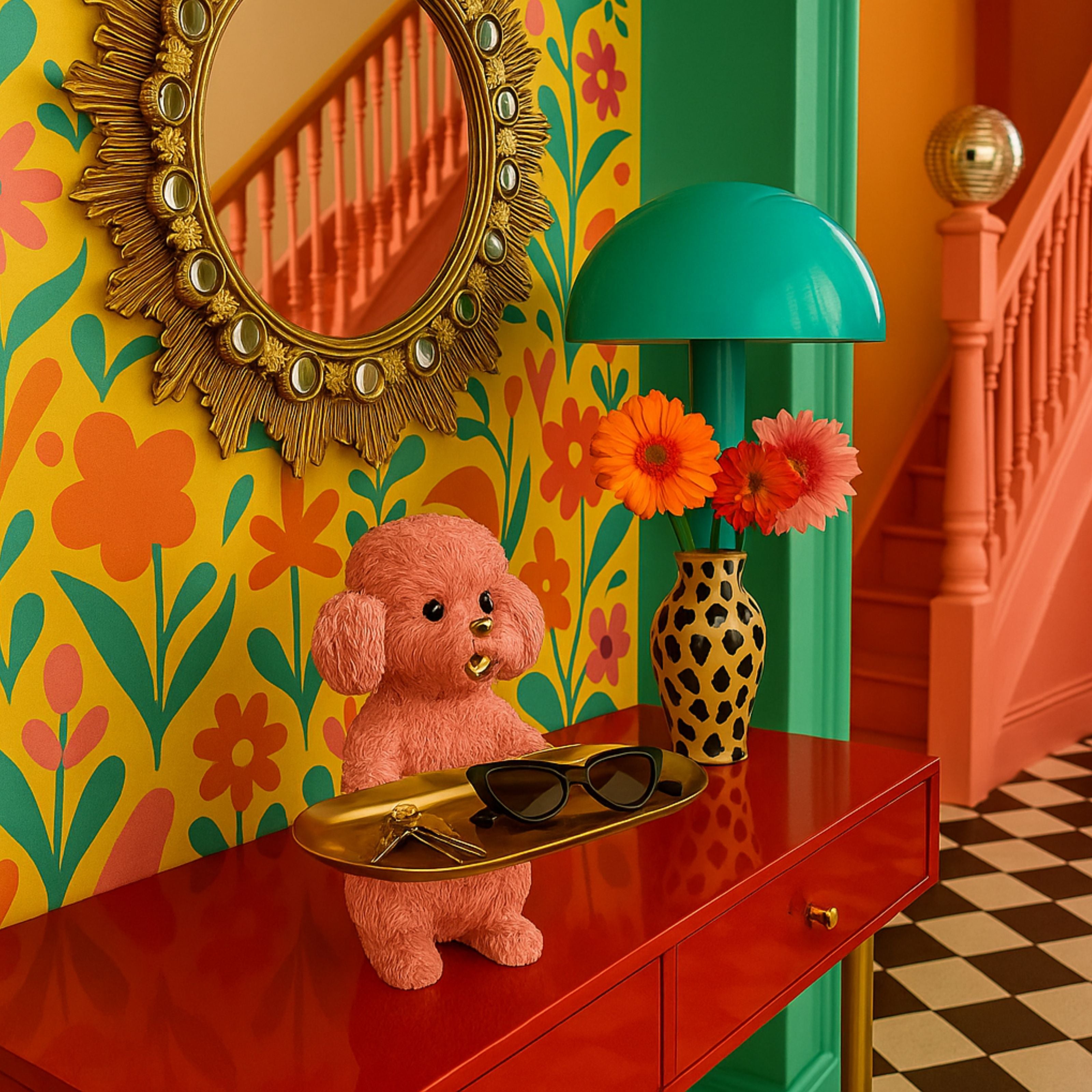 Playful pink poodle tray stand styled on a hallway table with books and mirror – quirky decor idea