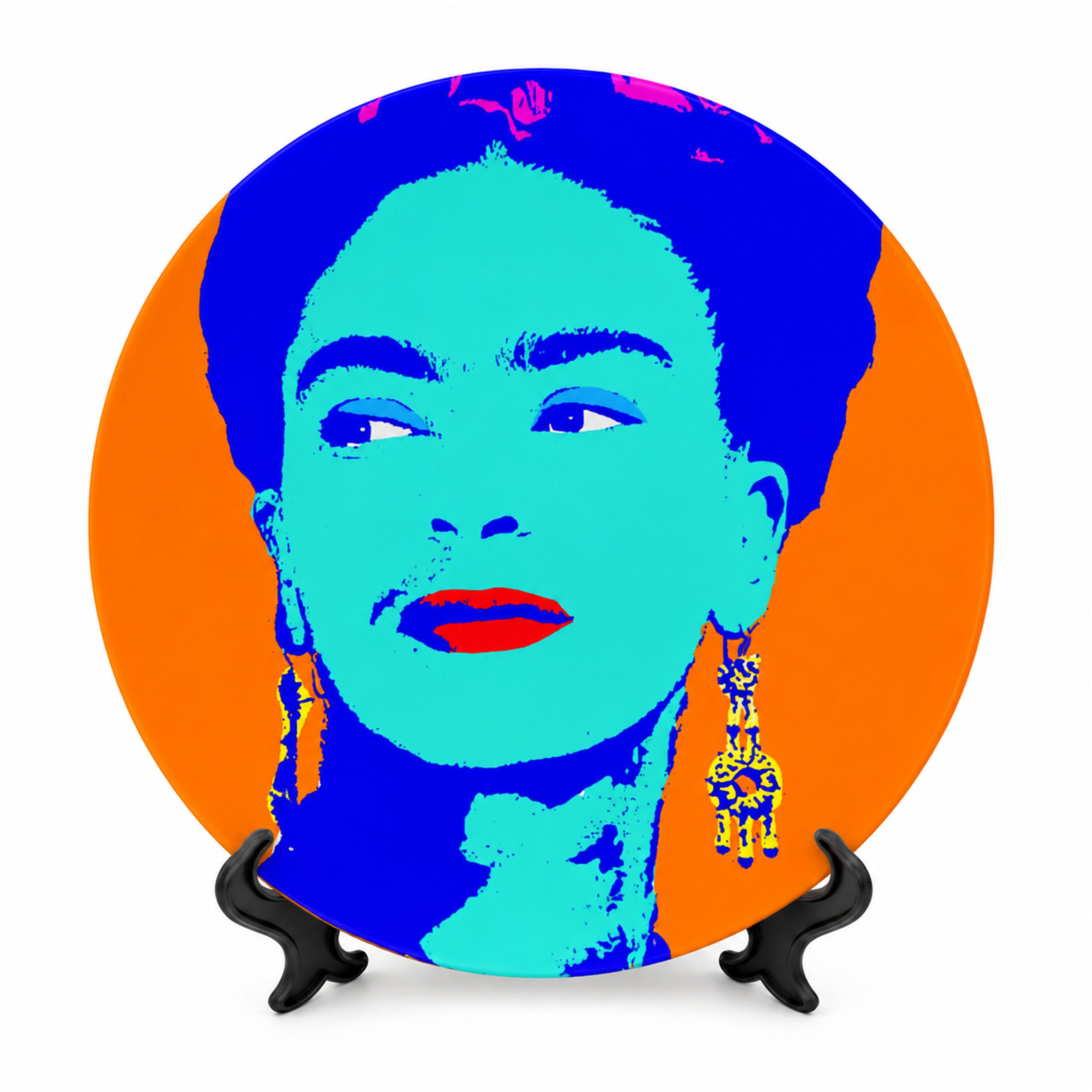 Pop art inspired Frida Kahlo decorative plate in cobalt blue, orange and turquoise on a white background