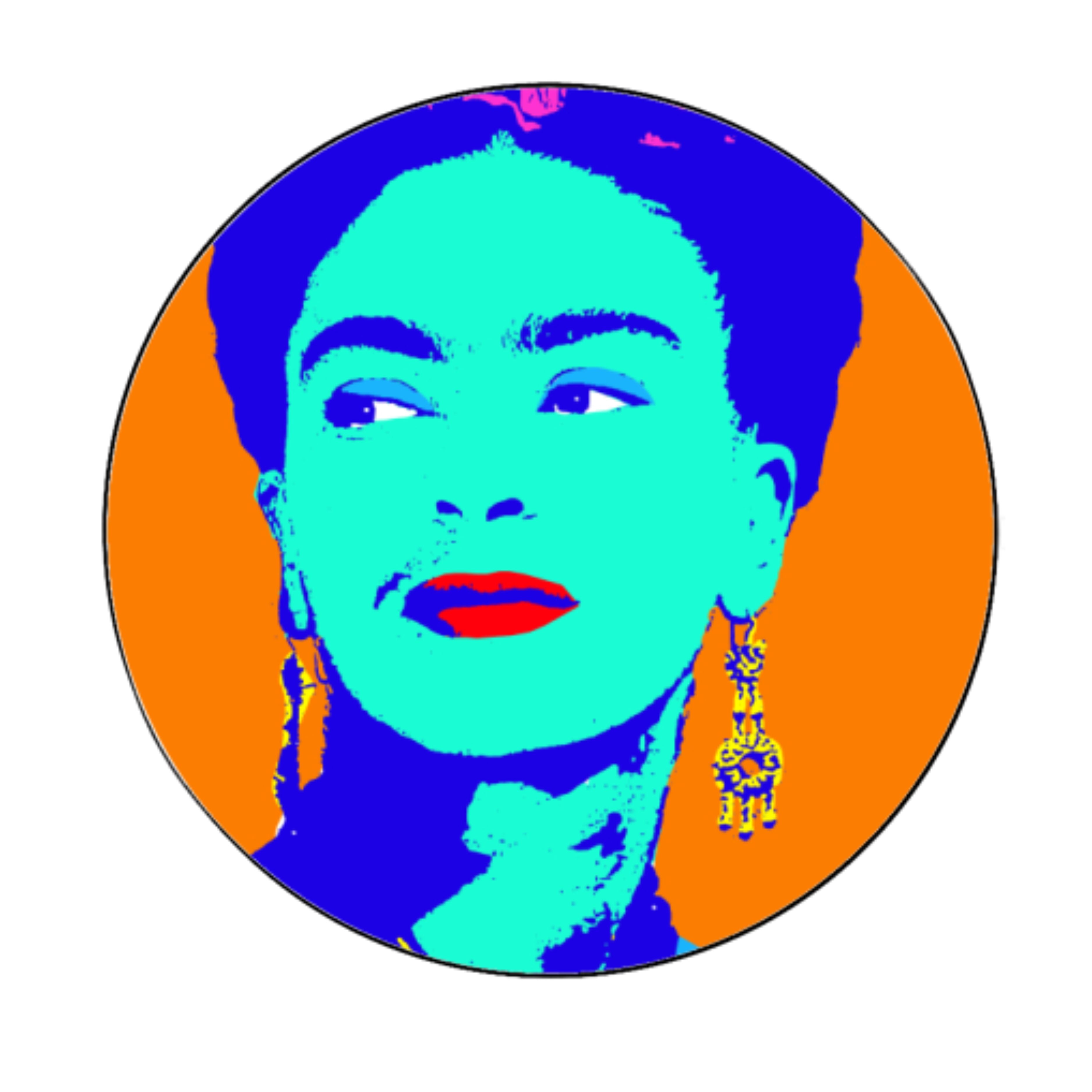 Pop art inspired Frida Kahlo decorative plate in cobalt blue, turquoise and orange on a white background