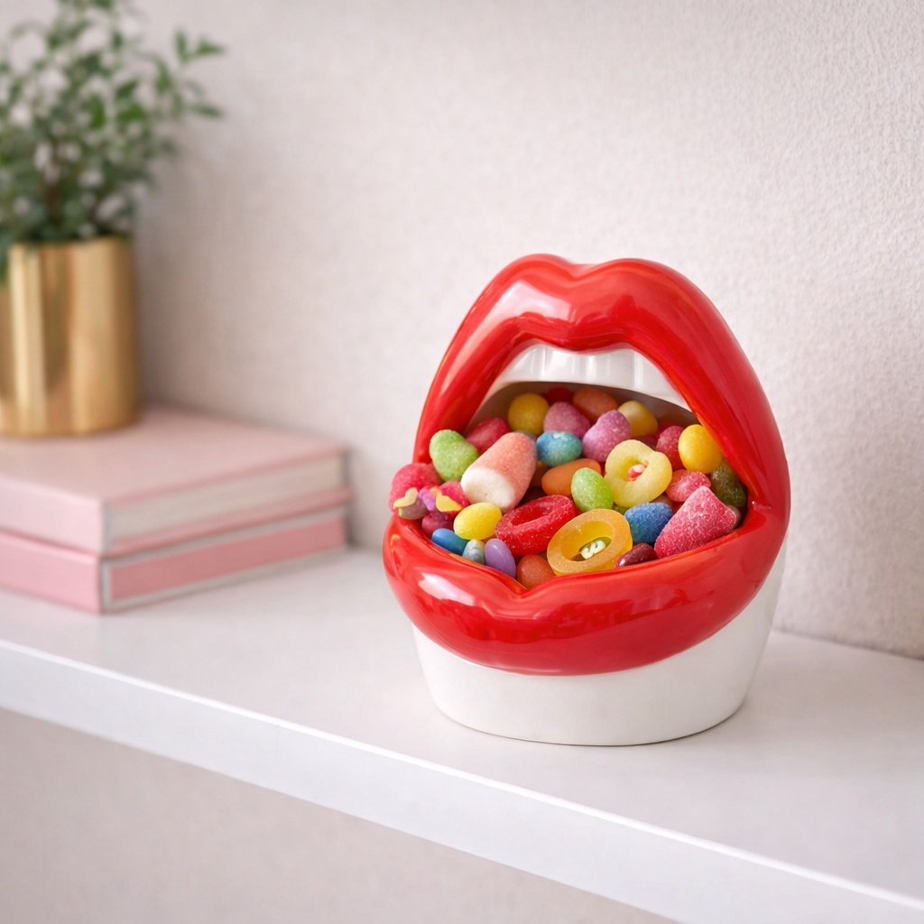 Red lip-shaped ceramic container filled with colourful sweets, styled on a white shelf as quirky statement home décor