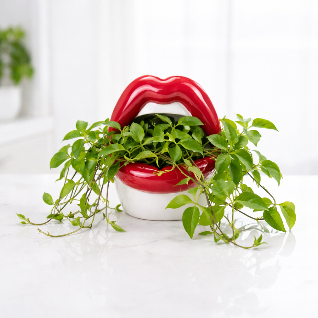 Red lip-shaped ceramic planter filled with trailing green plant on a clean white background, quirky statement home décor