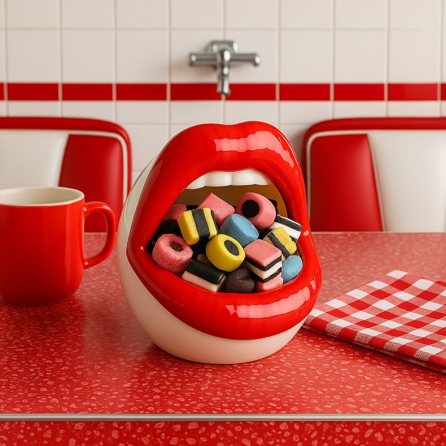 Red lip-shaped ceramic pot filled with colourful liquorice allsorts on a retro red kitchen counter – playful décor by Lizzie Onion’s Emporium