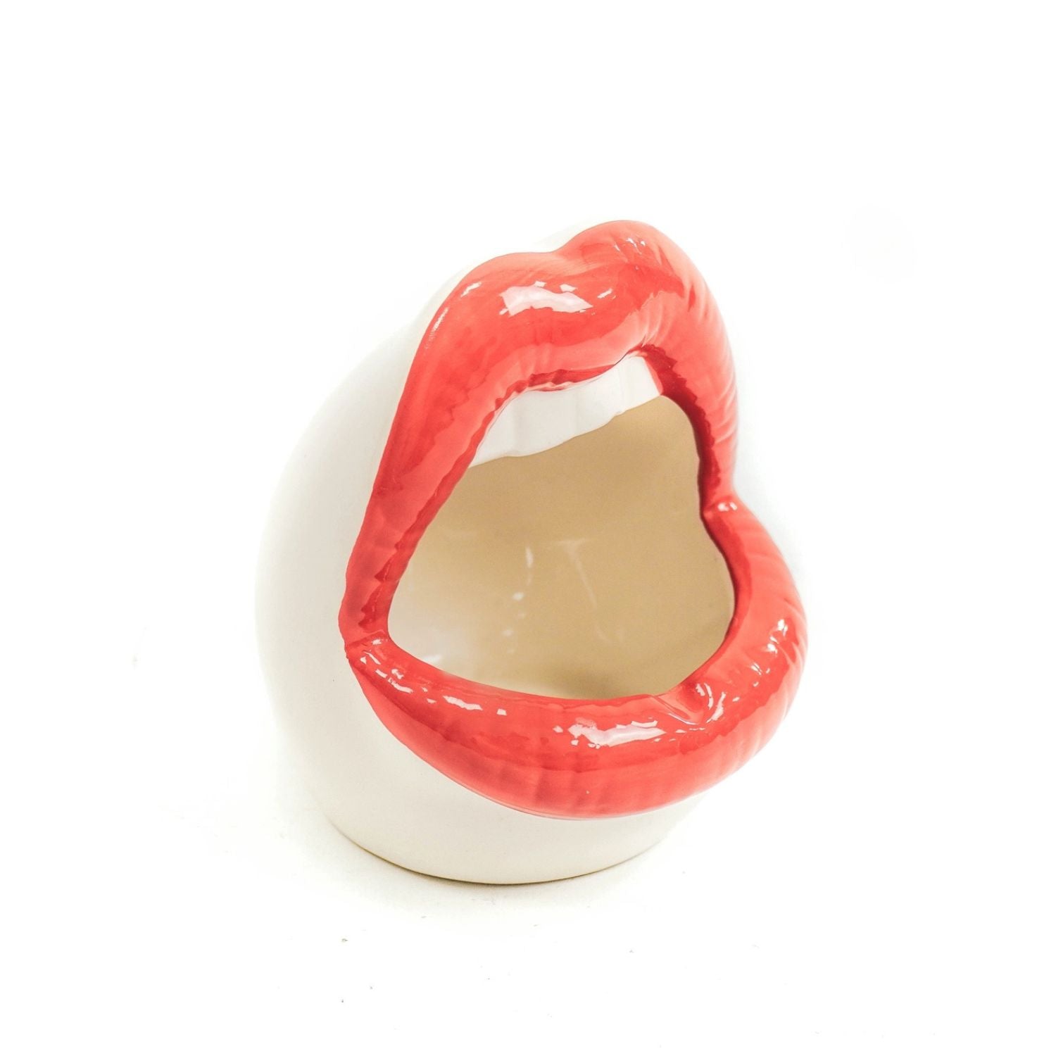 Red lip ceramic pot with glossy finish, open mouth design, and white base – playful statement vase by Lizzie Onion’s Emporium