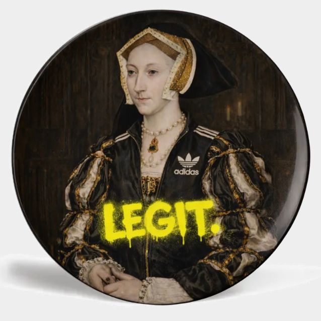 Royal Rebels ‘Legit’ decorative plate by Sammy Bird featuring Catherine of Aragon portrait with yellow graffiti text, statement wall art