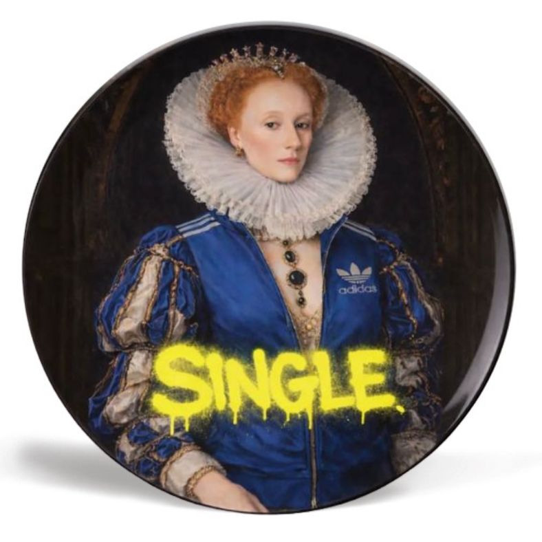 Royal Rebels ‘Single’ decorative plate by Sammy Bird, featuring a historical portrait in a blue jacket with yellow graffiti text, statement wall art