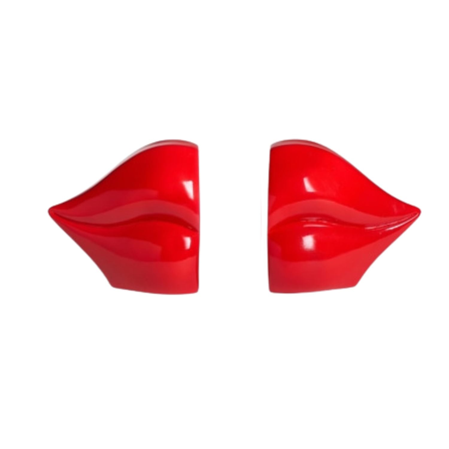 Side view of glossy red lips resin bookends on a white background, showing curved sculptural shape and high-shine finish, modern decor by Lizzie Onion’s Emporium.
