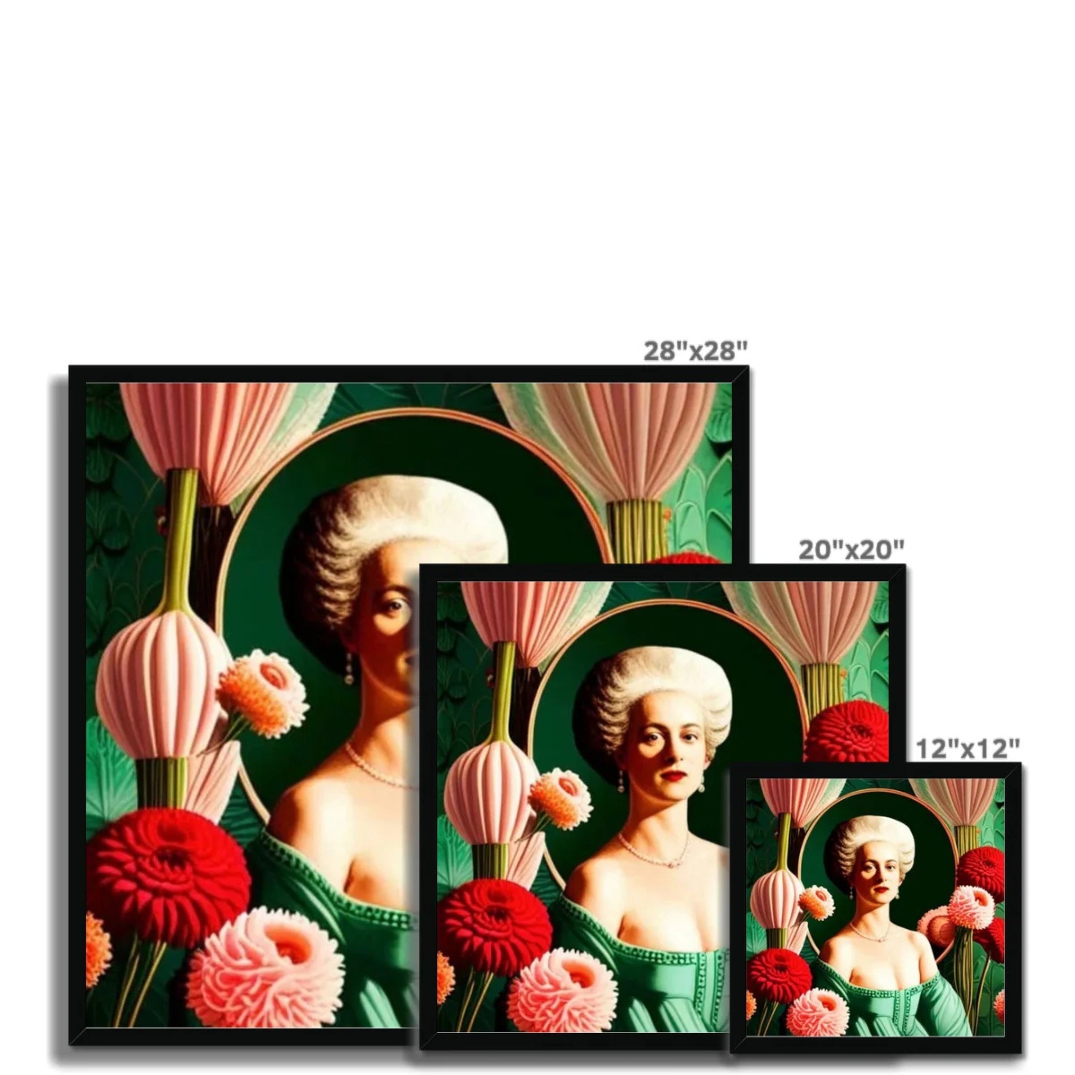 Size comparison showing Élodie – Garden Reverie premium black framed fine art print available in 12" × 12", 20" × 20" and 28" × 28" sizes.