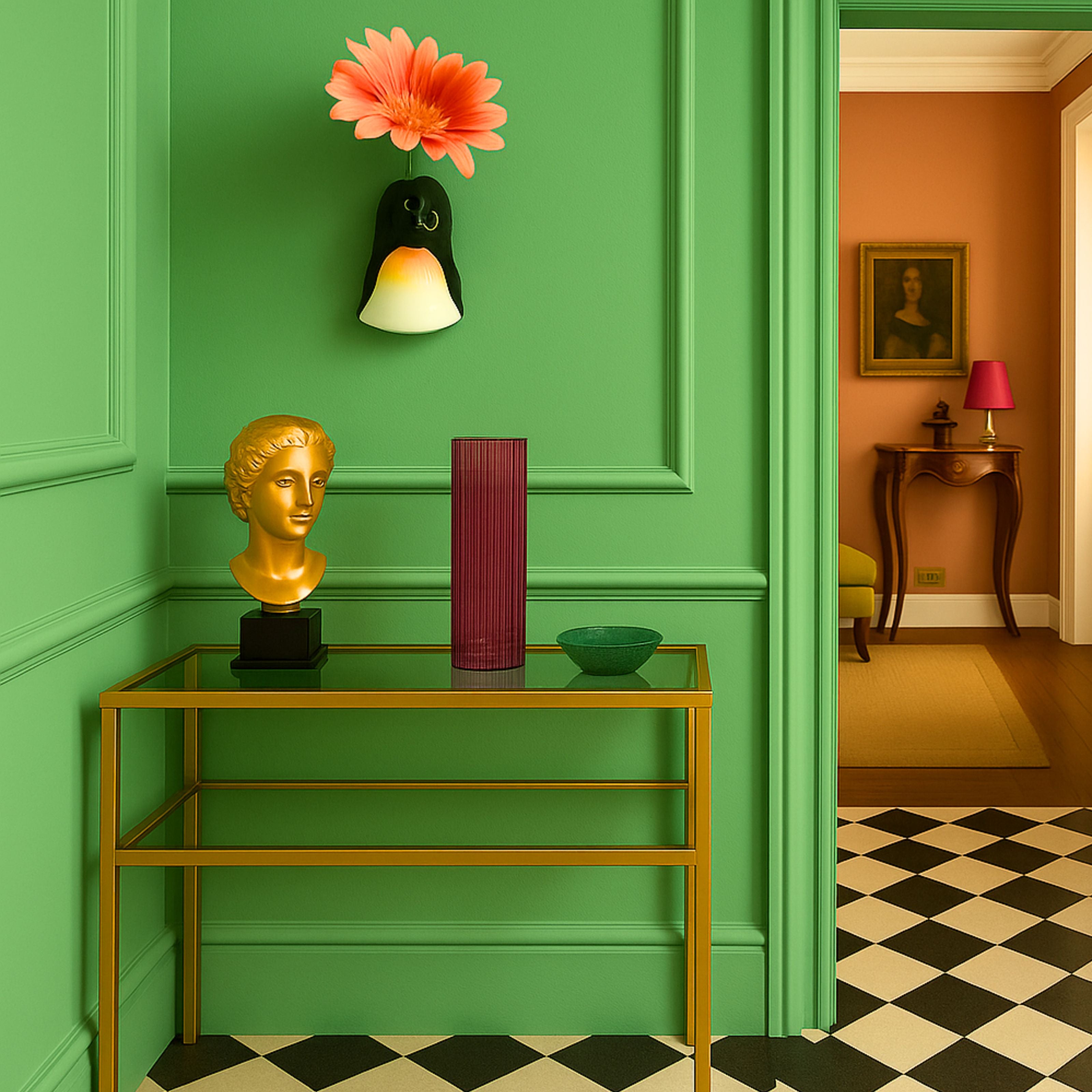 Styled hallway with green panelled walls, gold console table, classical bust, and ceramic penguin head wall vase with orange flower. Black and white floor tiles and a view into a warm-toned room complete the look.