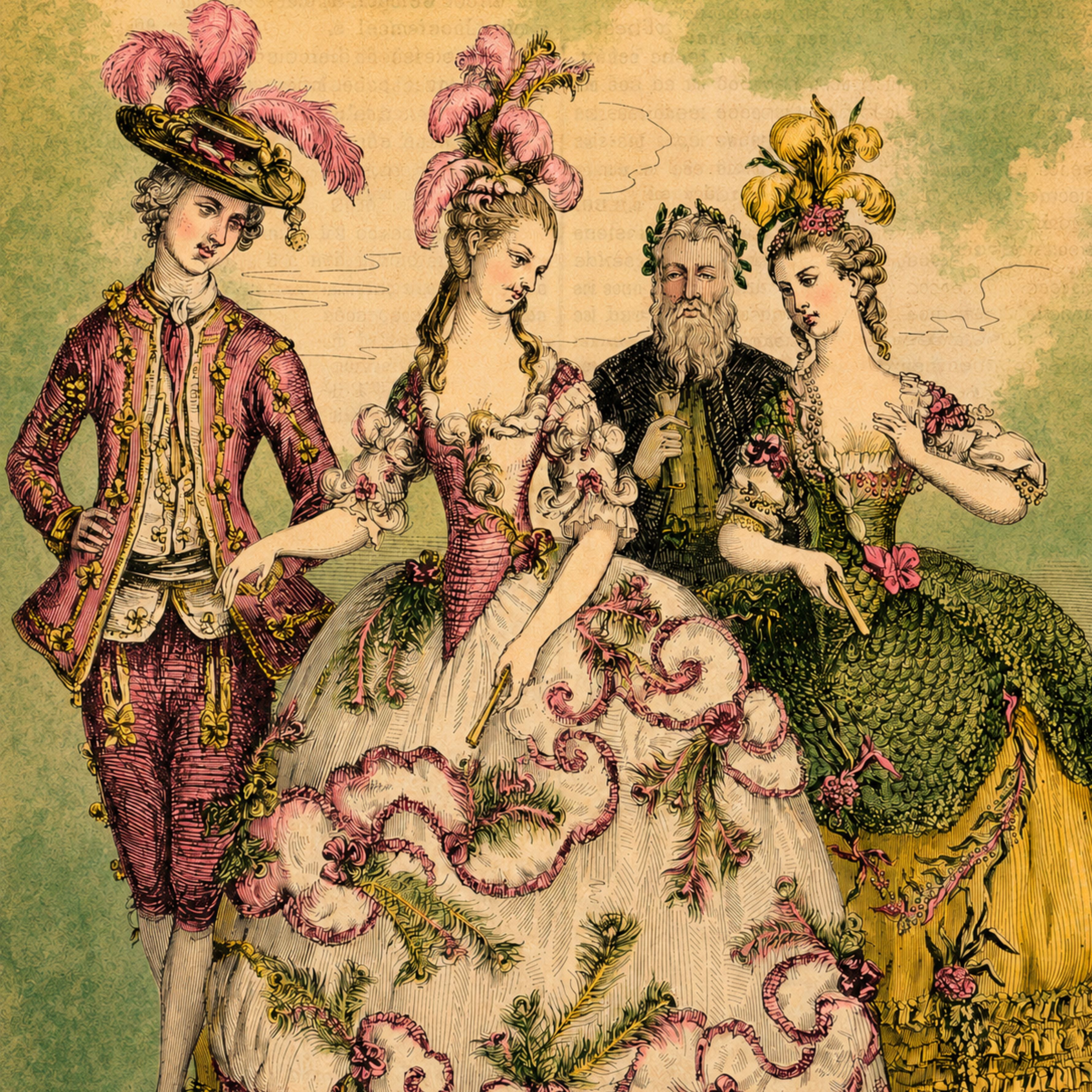 Vintage Rococo fashion illustration featuring elegantly dressed ladies and a gentleman in elaborate 18th-century French clothing with feathered hats, ornate gowns and decorative floral details.