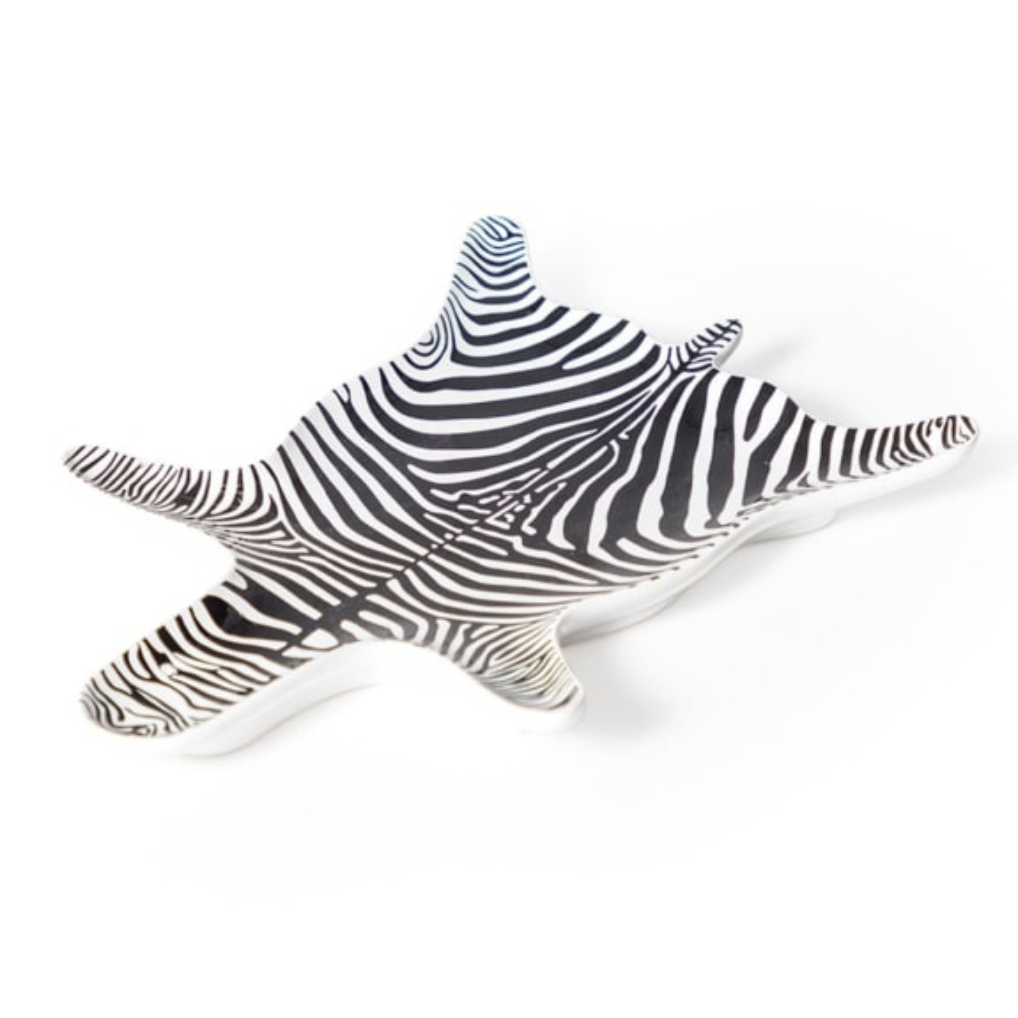 black and white zebra patterned ceramic jewellery dish shaped like zebra hide decorative plate