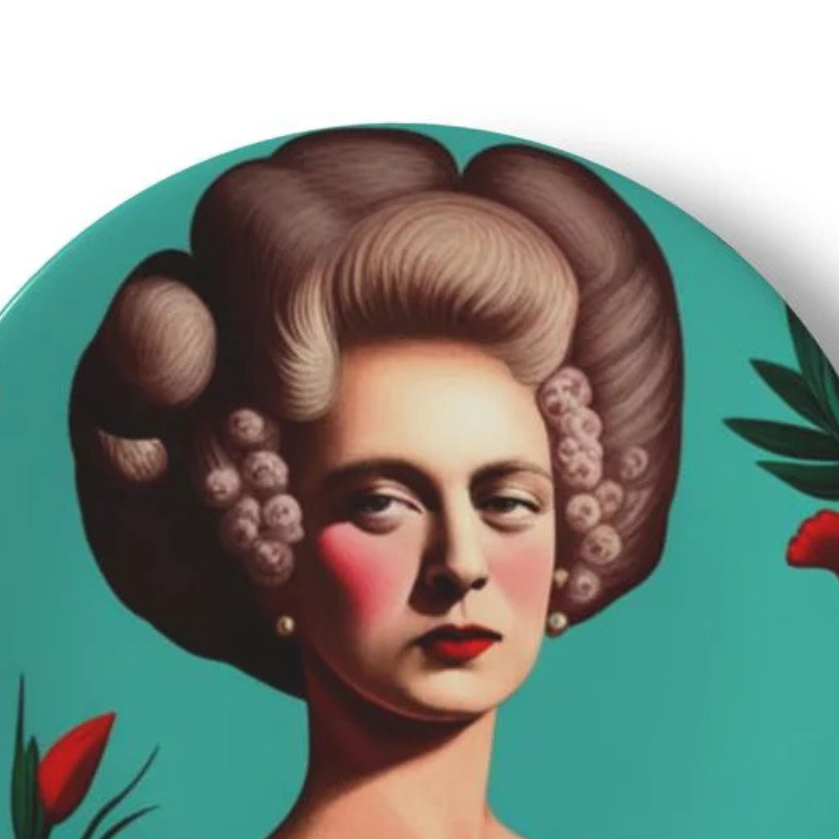 close up of decorative wall plate showing vintage-style female portrait with sculptural hair, red floral details and teal background, maximalist wall art