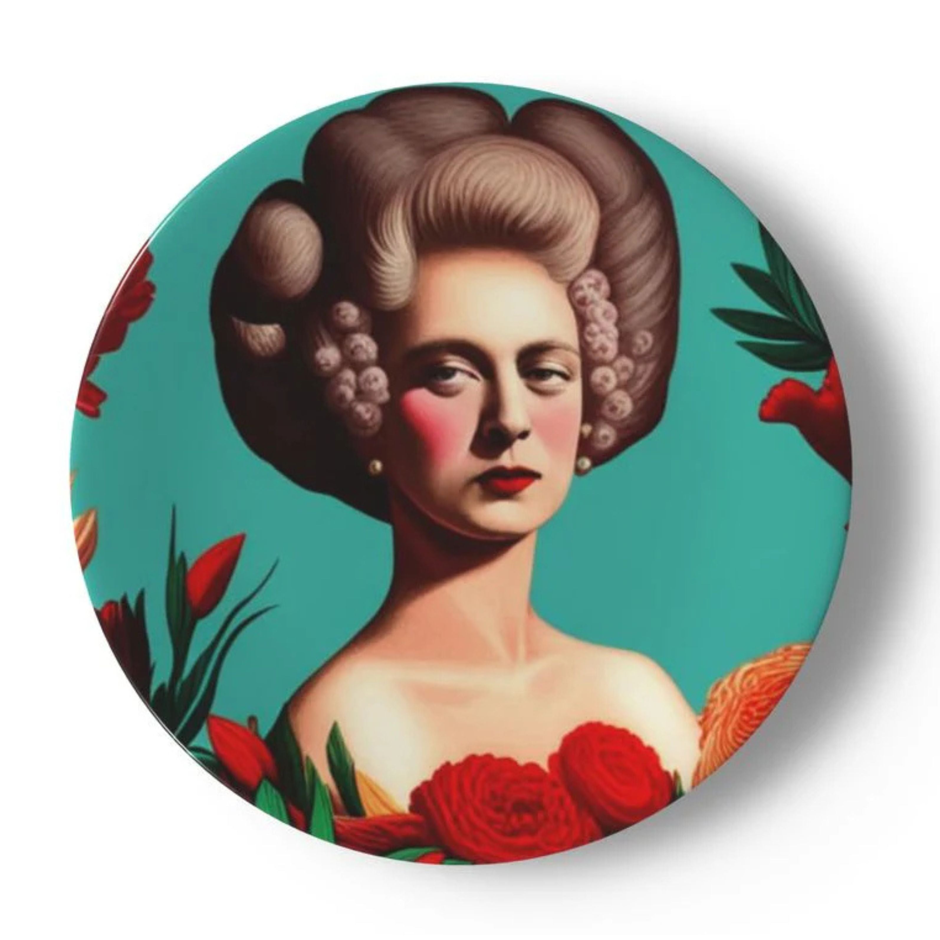 decorative wall plate featuring a vintage-style female portrait with sculptural hair, red flowers and aqua blue background, colourful maximalist wall art