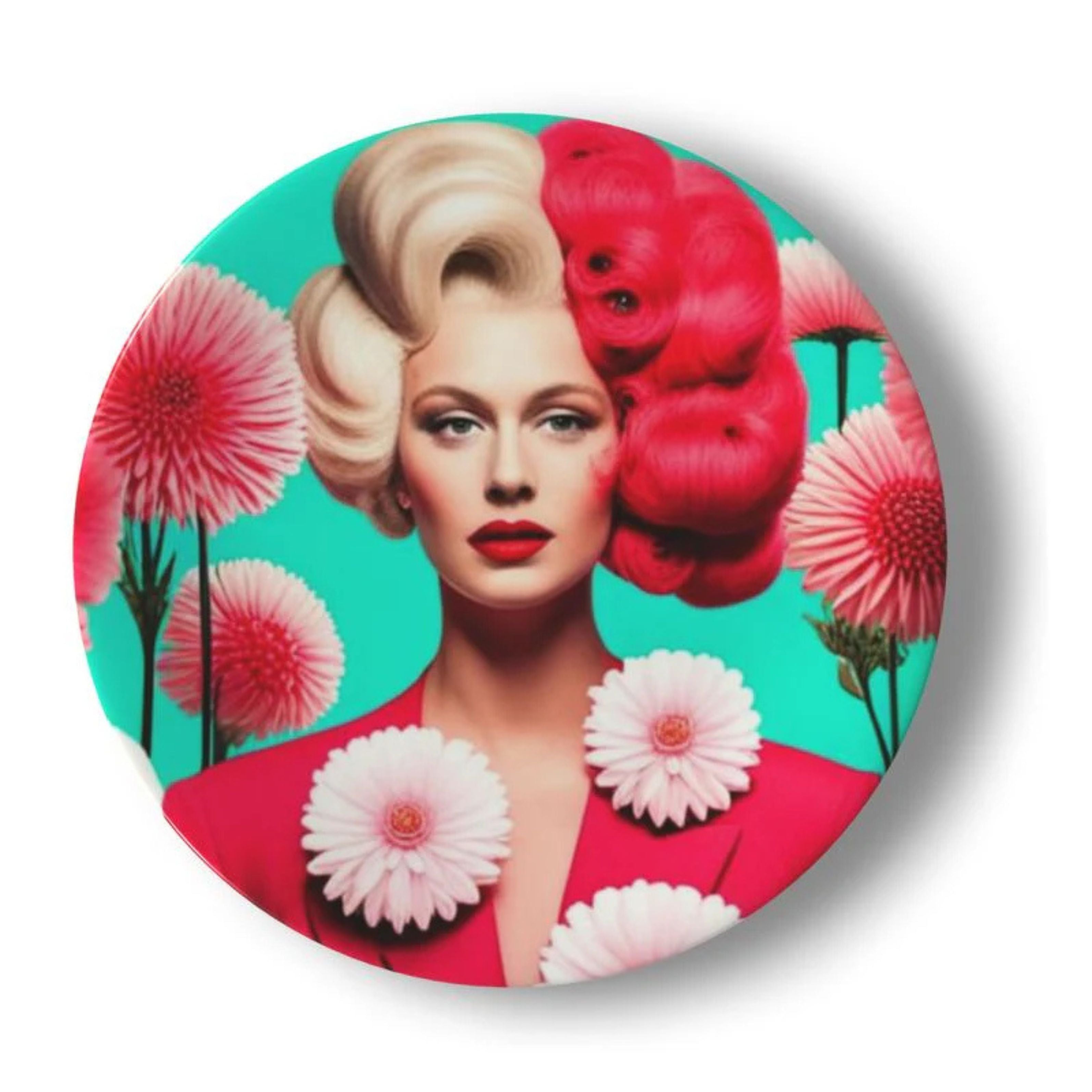 decorative wall plate featuring female portrait with pink and blonde sculptural hair, red outfit and floral details on turquoise background, maximalist wall art