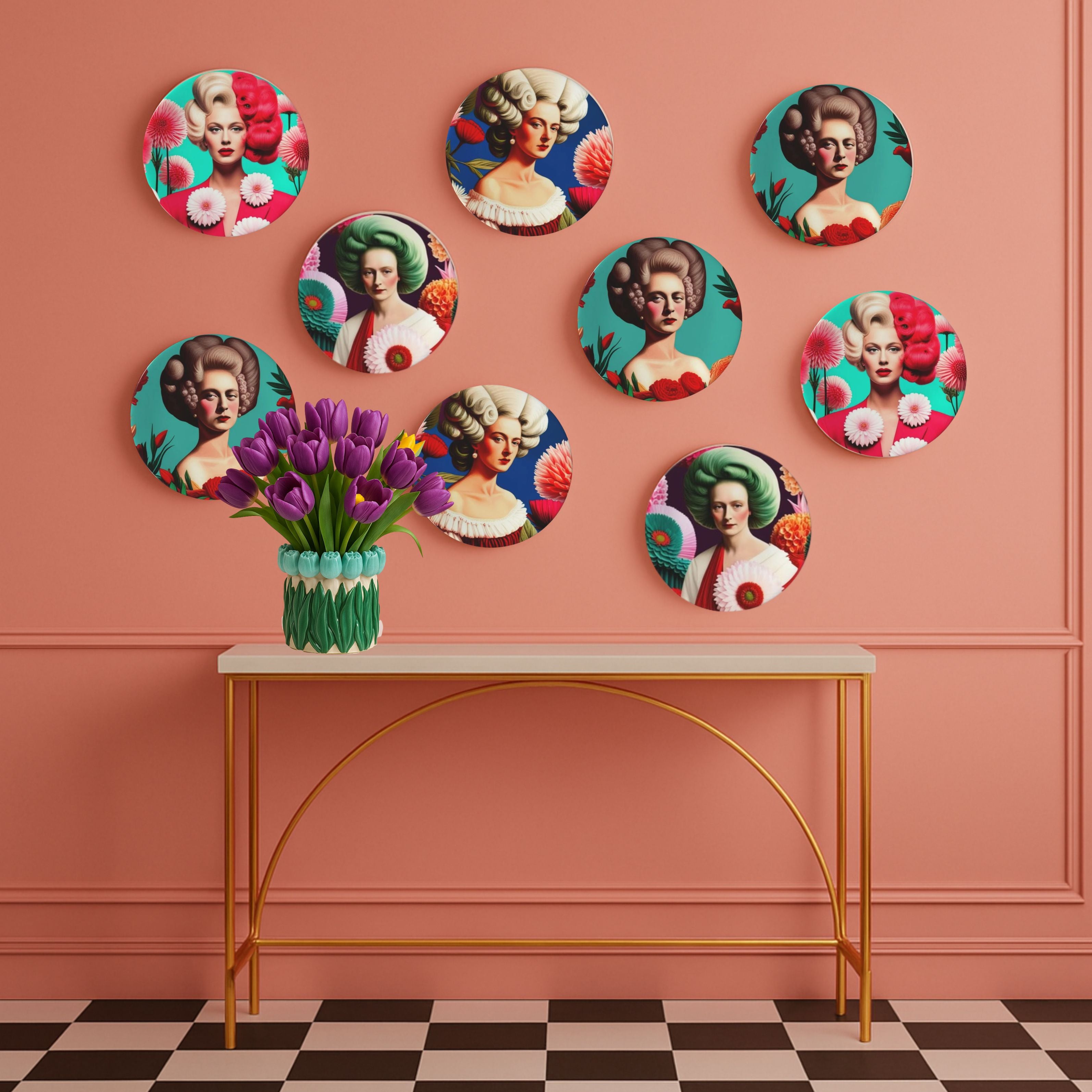 gallery wall of decorative wall plates featuring colourful female portraits on a pink panelled wall above a console table, maximalist home decor styling
