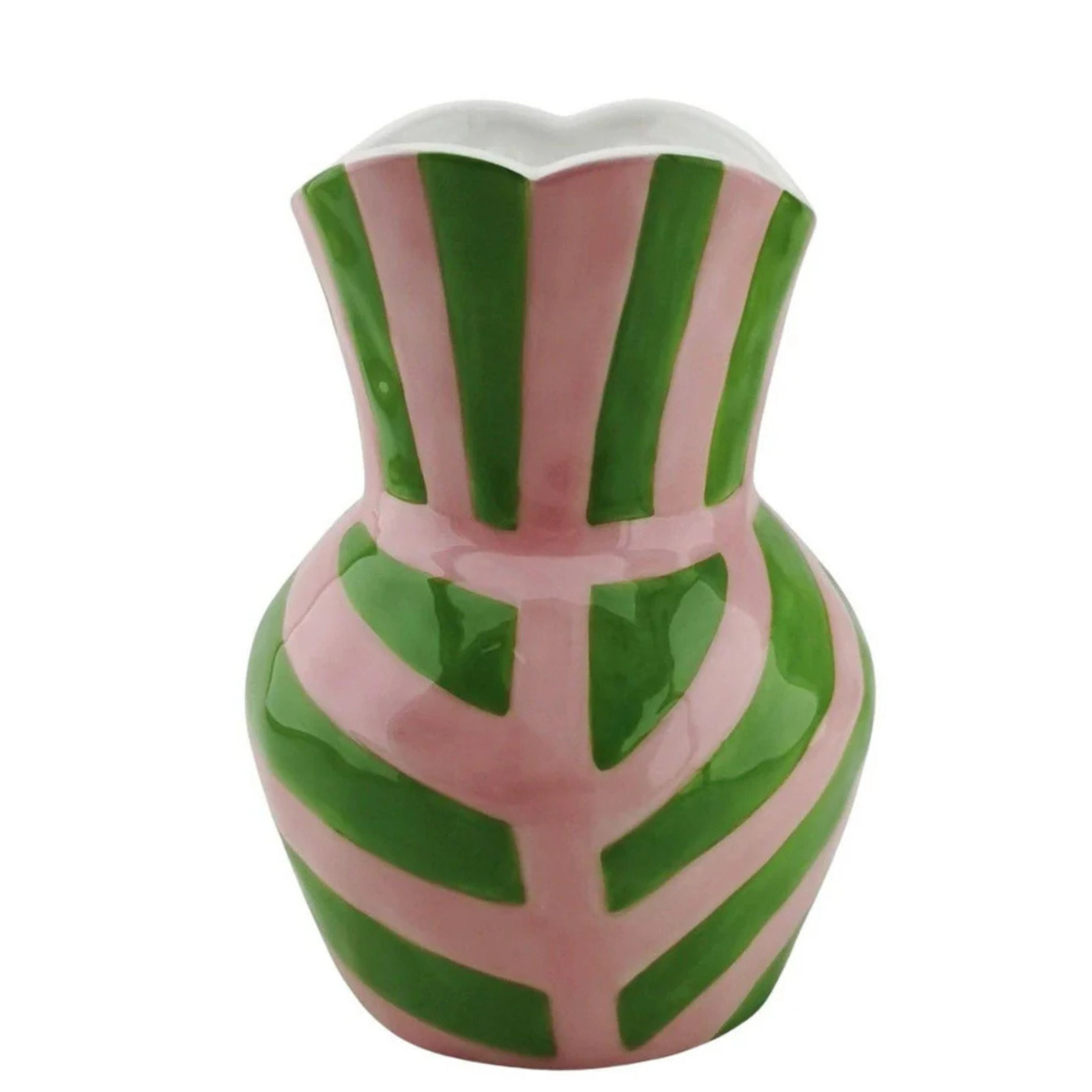 green and pink striped ceramic vase with glossy finish, bold colourful statement vase for maximalist home decor