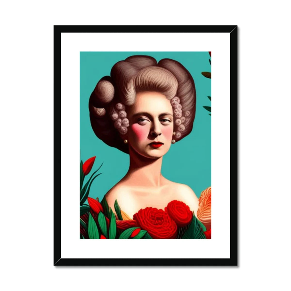Élodie – Garden Reverie Framed Print featuring a contemporary portrait of a poised woman with an elegant powdered updo, vivid red florals and a rich turquoise background, available in black framed and black framed & mounted options.