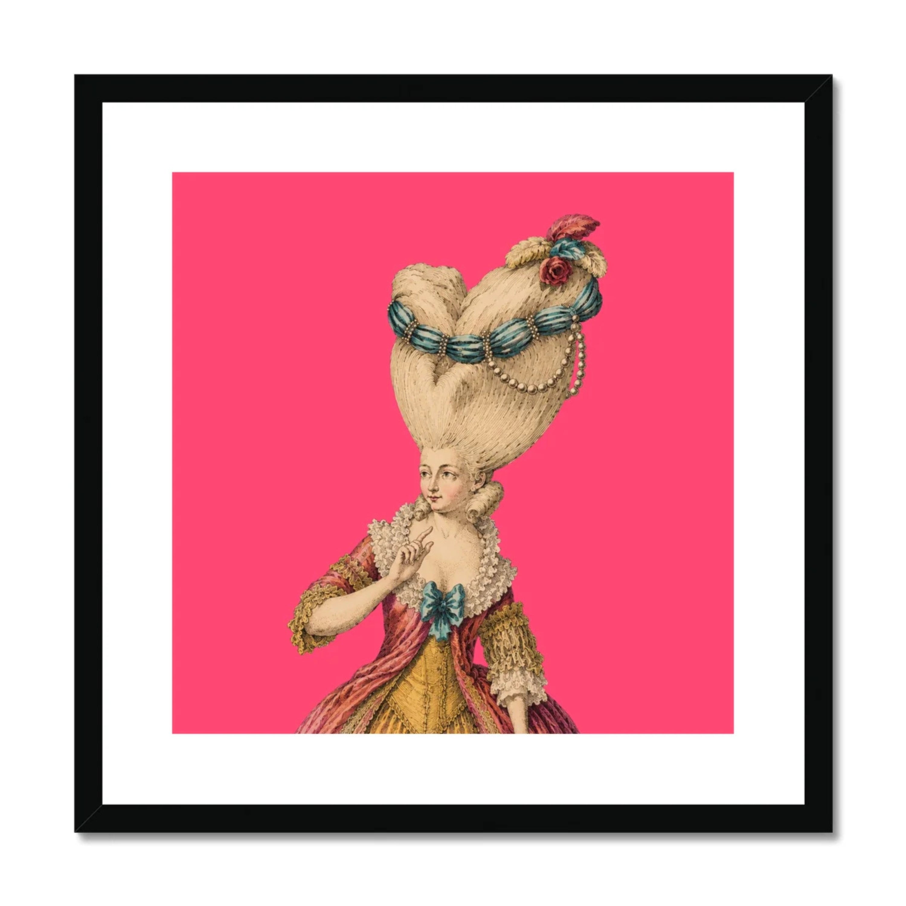 Lady Celestine Pompadour black framed and mounted print featuring an extravagant Rococo lady with an elaborate powdered hairstyle adorned with blue ribbons, pearls and floral details, set against a vibrant pink background with a white mount. Exclusive maximalist wall art by Lizzie Onion's Emporium.