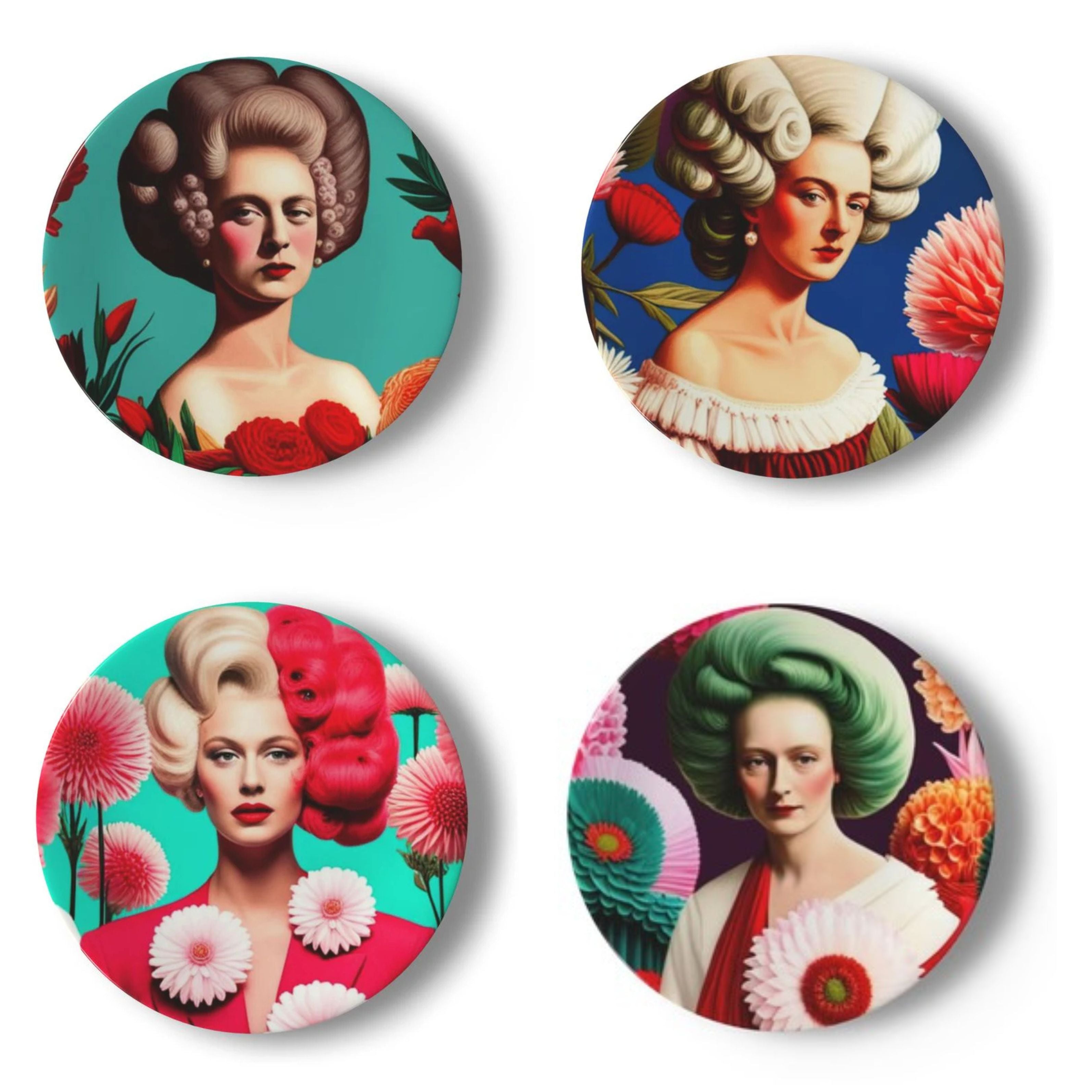 set of decorative wall plates featuring colourful female portrait designs with floral details, maximalist wall art collection for gallery wall styling