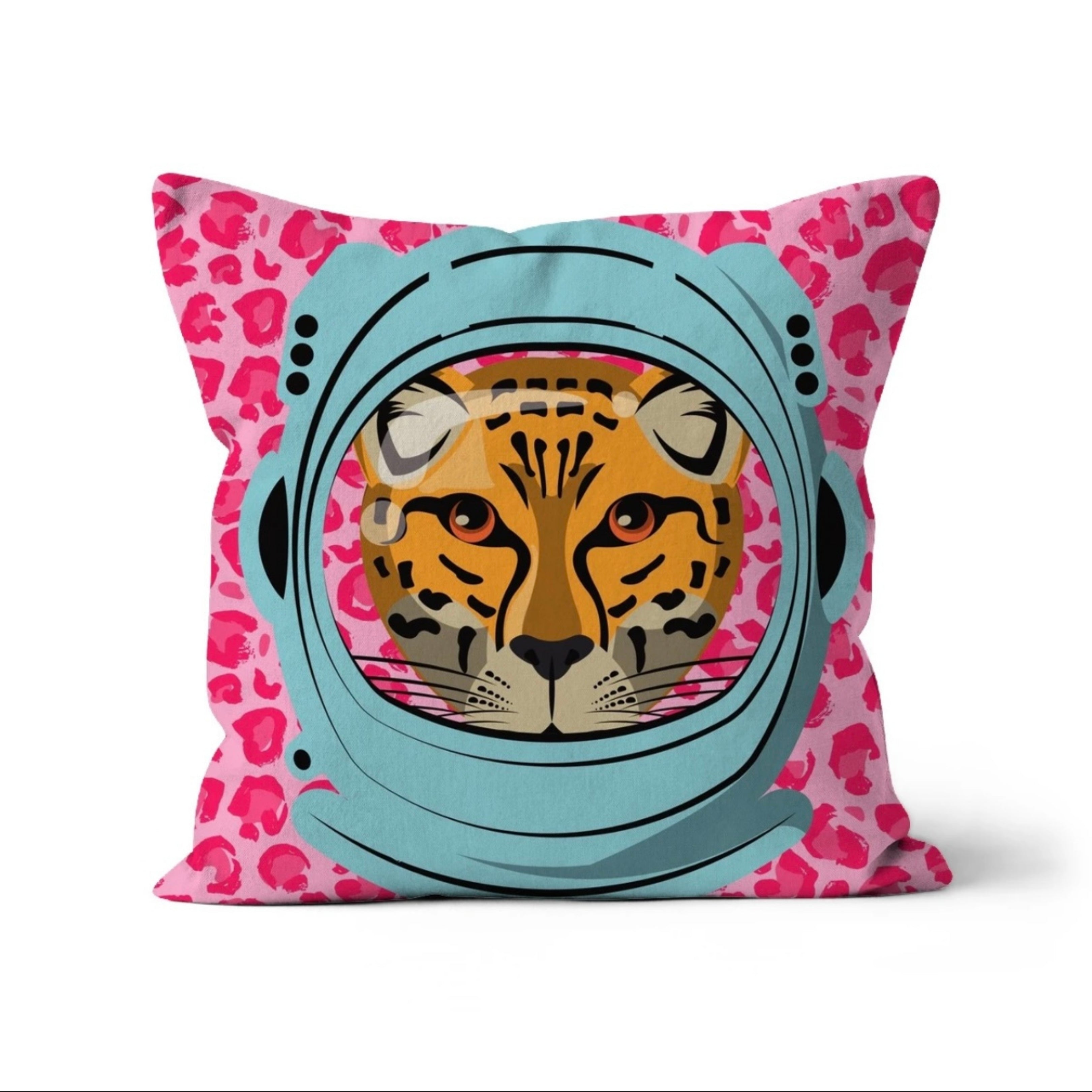 Astronaut Leopard cushion with pink leopard print background – Lizzie Onion’s Emporium