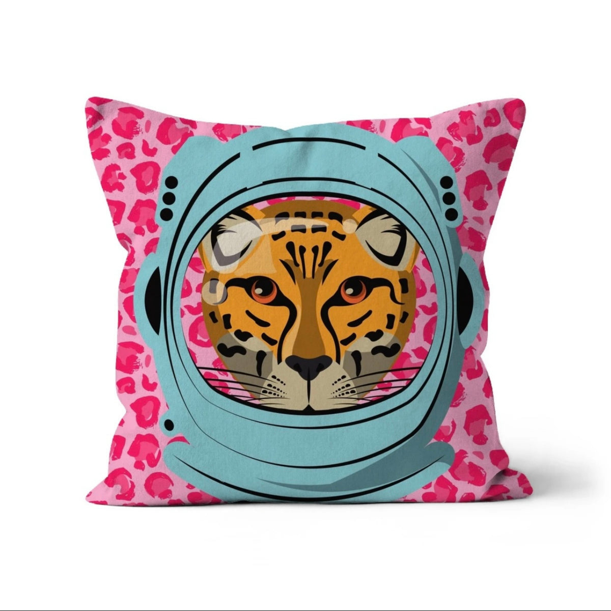 Astronaut leopard portrait cushion with pink leopard print background