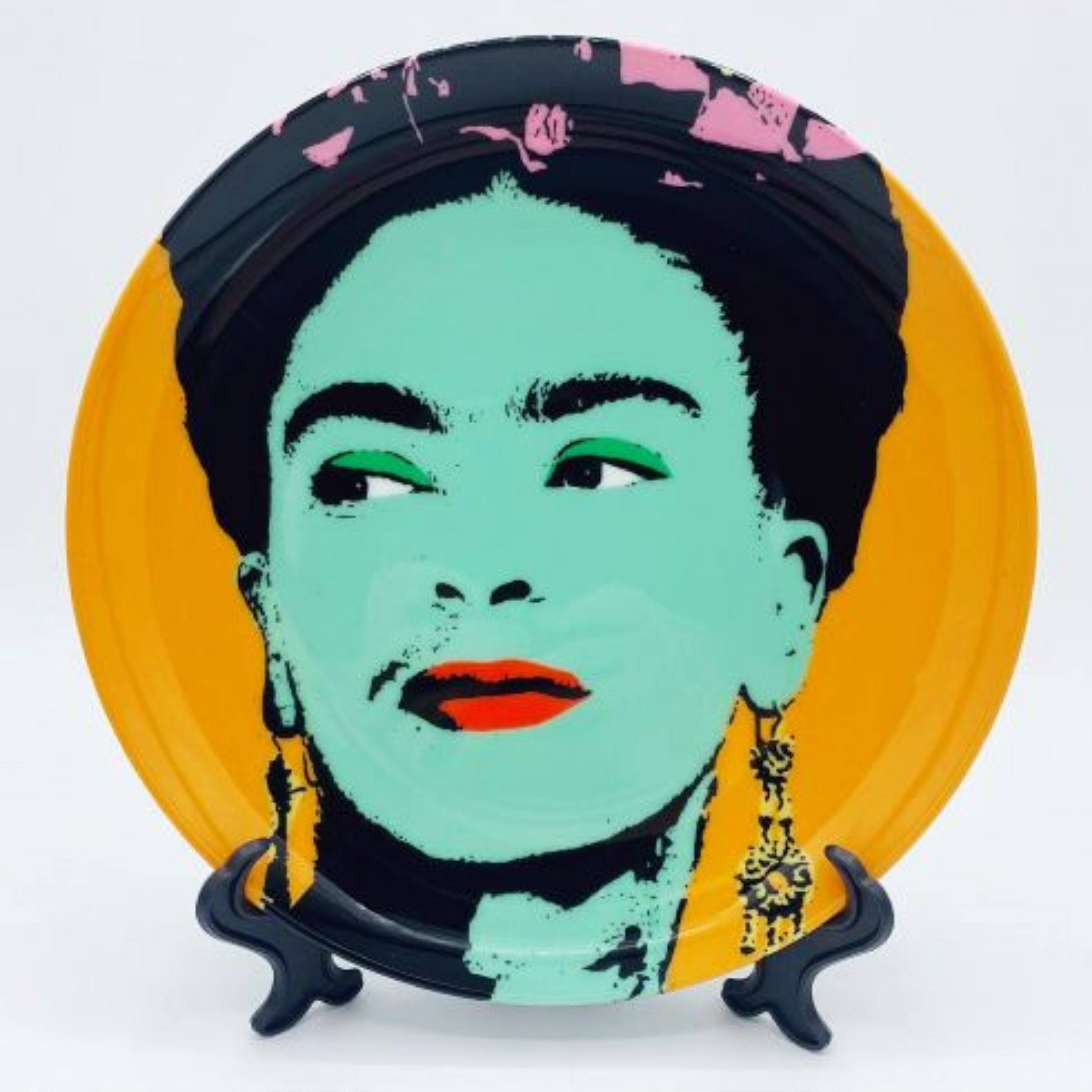 Frida Kahlo pop art ceramic plate orange background green portrait decorative wall art plate
