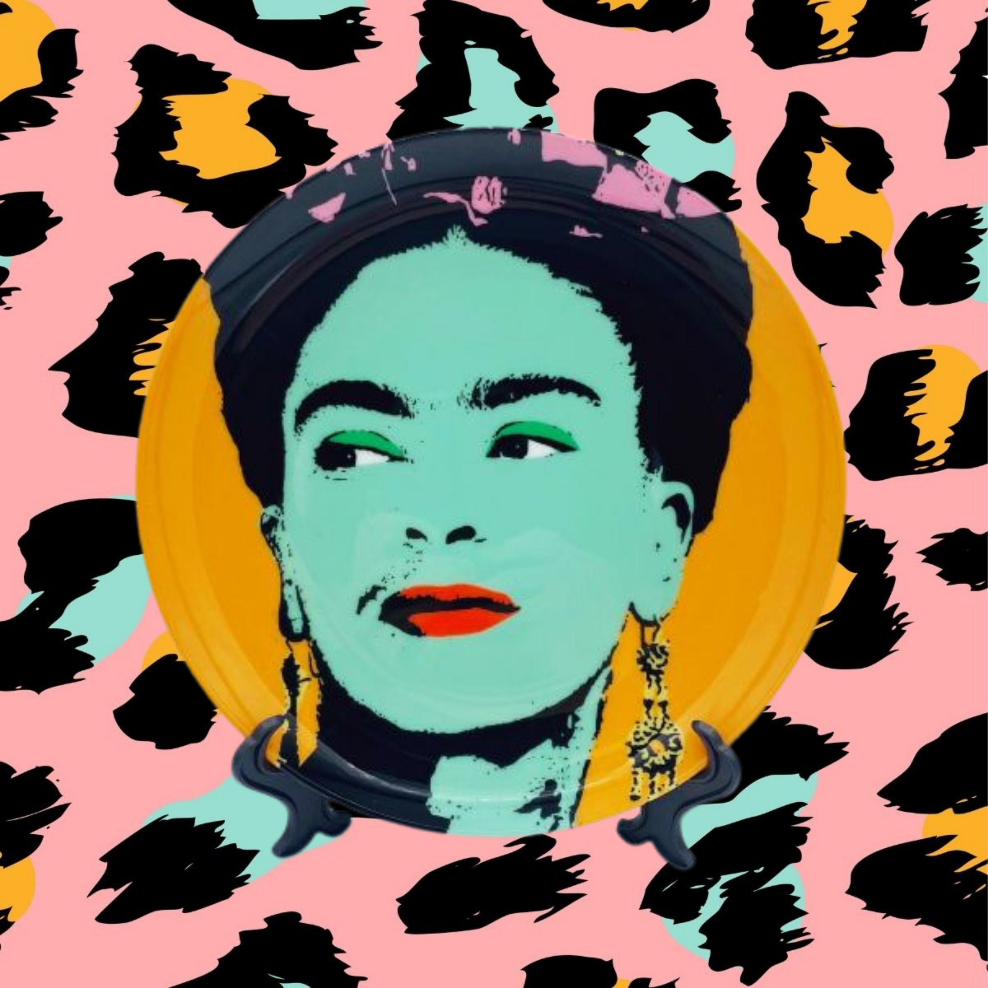 Frida Kahlo pop art decorative plate pink leopard print background colourful wall art plate