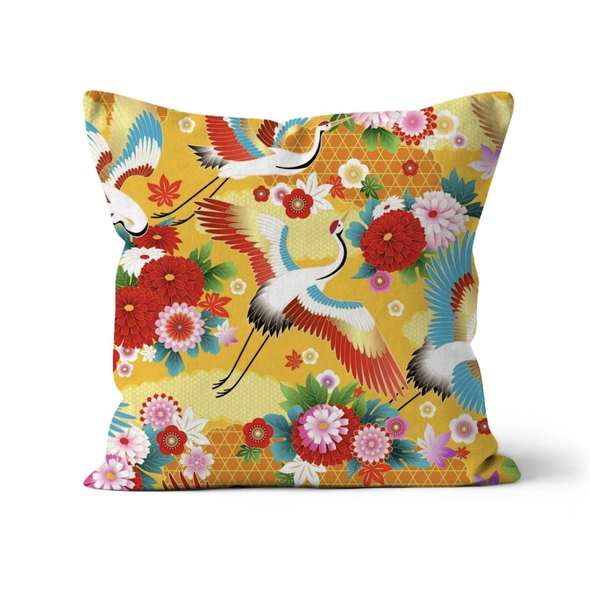 Japanese Kimono Flying Crane with Chrysanthemum Print Cushion and Pad