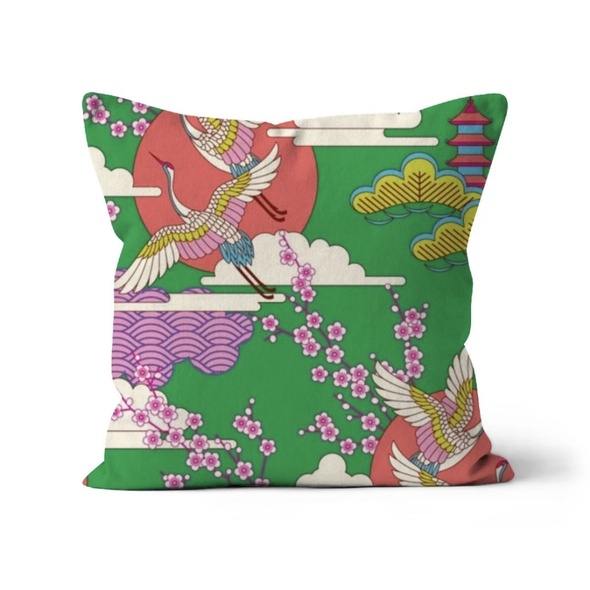 Japanese Kimono Cranes Flying Across the Red Sun with a Glorious Green Background Print Cushion