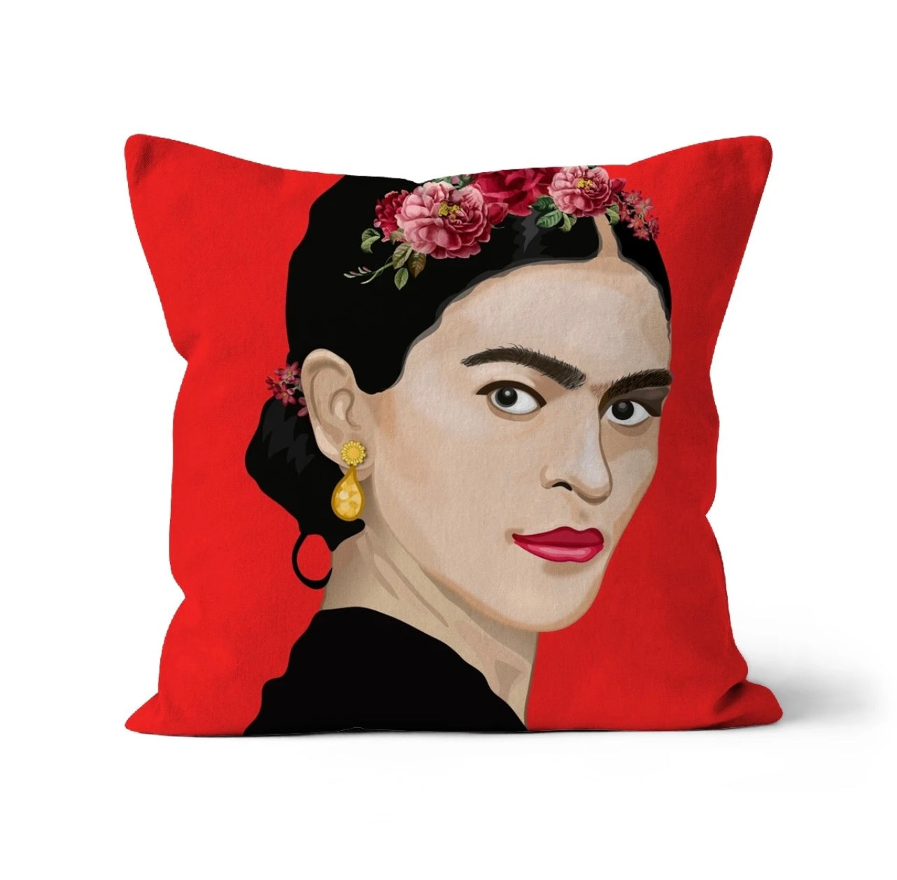 Frida Kahlo Illustration with Gorgeously Red Background Print Cushion and Pad