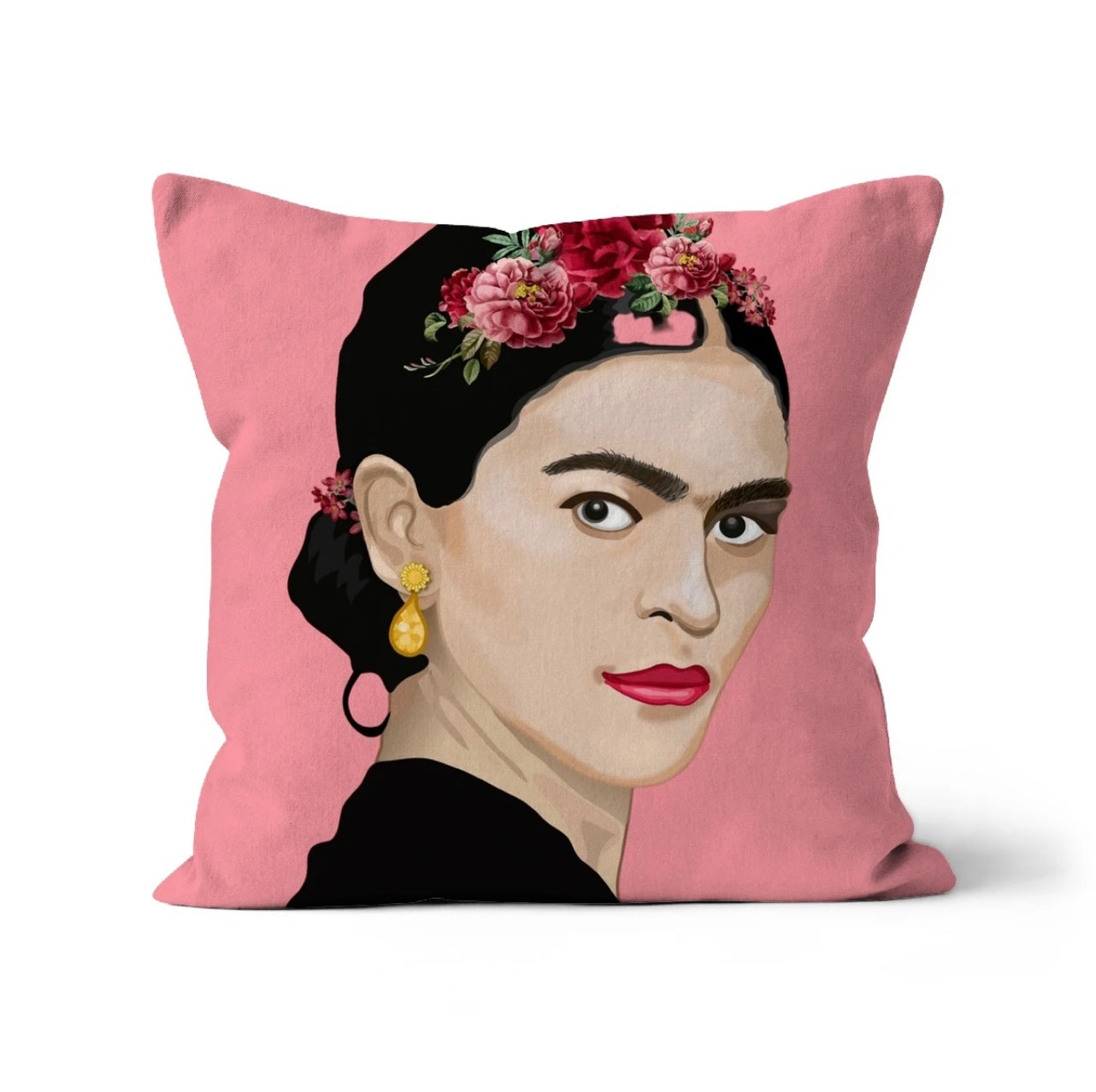 Frida Kahlo Illustration with Gorgeously Pink Background Print Cushion and Pad
