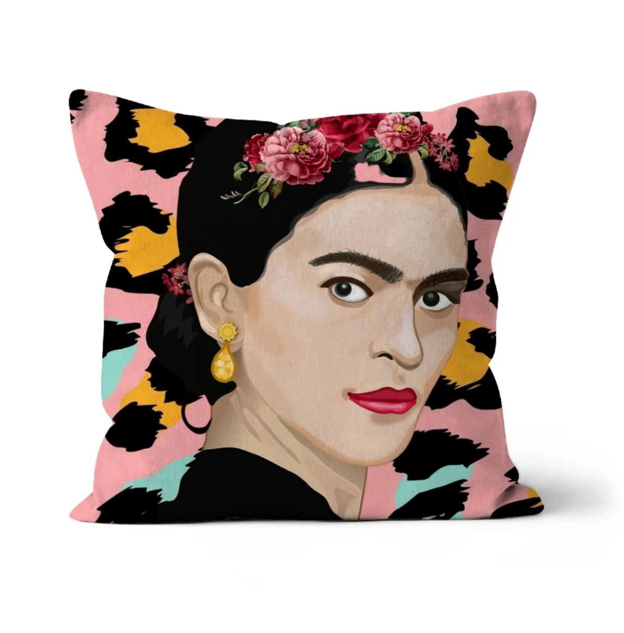 Frida Kahlo Illustration with Gorgeously Leopard Background Print Cushion and Pad
