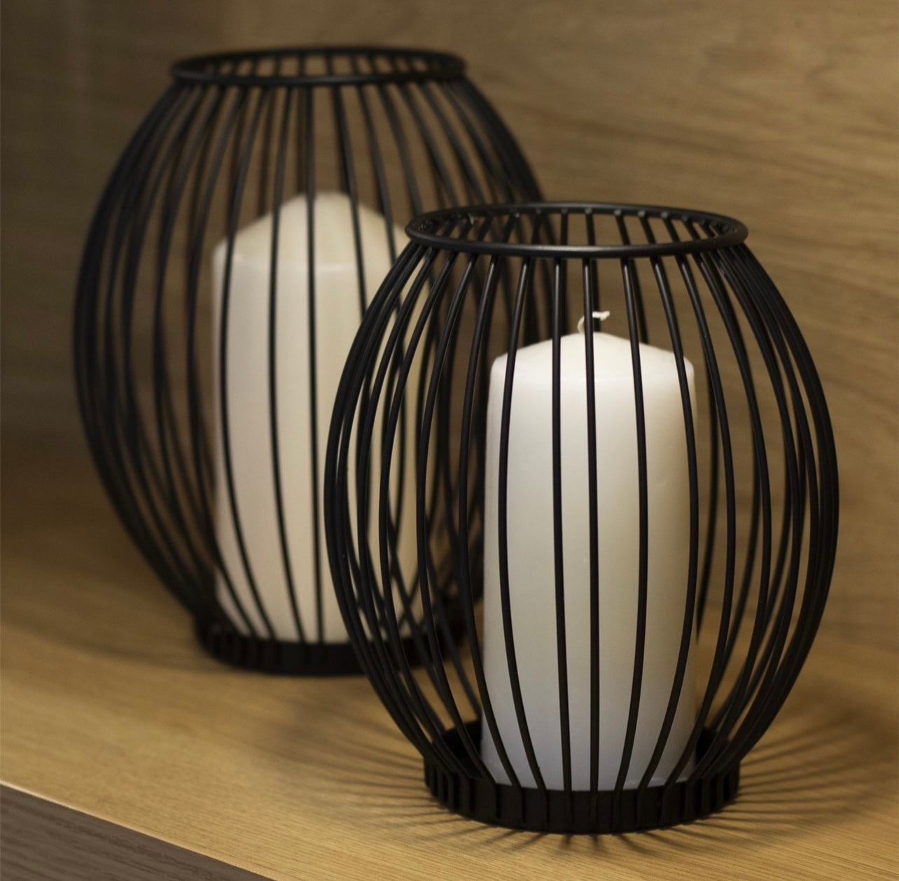 Black Caged Candle Holder - Set of 2 Large & Small Pillar Candle Lantern