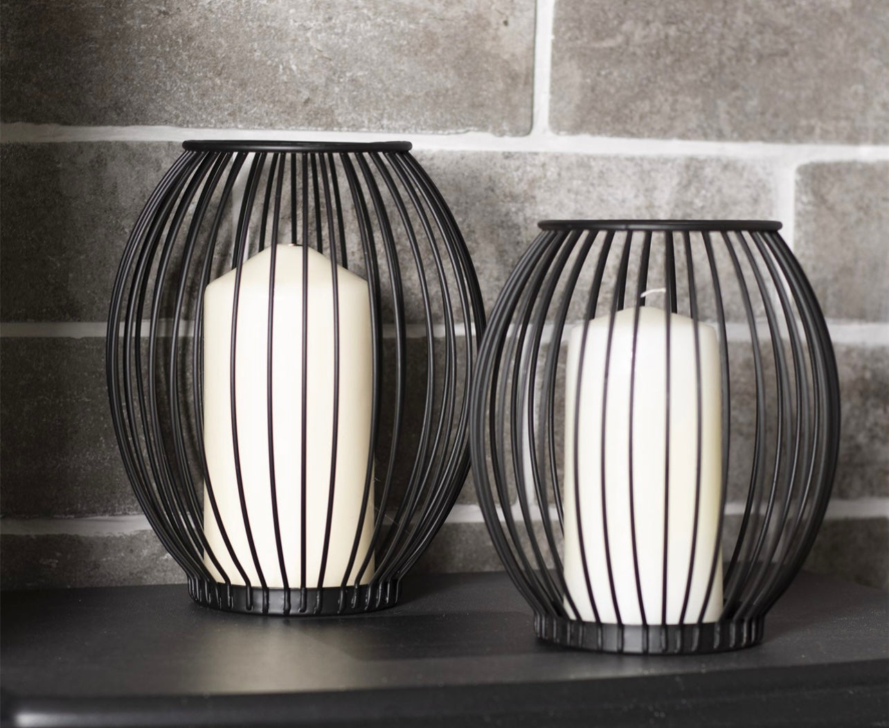 Black Caged Candle Holder - Set of 2 Large & Small Pillar Candle Lantern