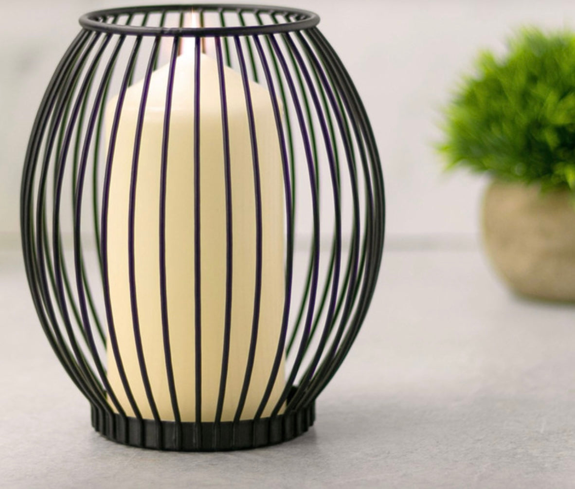 Black Caged Candle Holder - Set of 2 Large & Small Pillar Candle Lantern