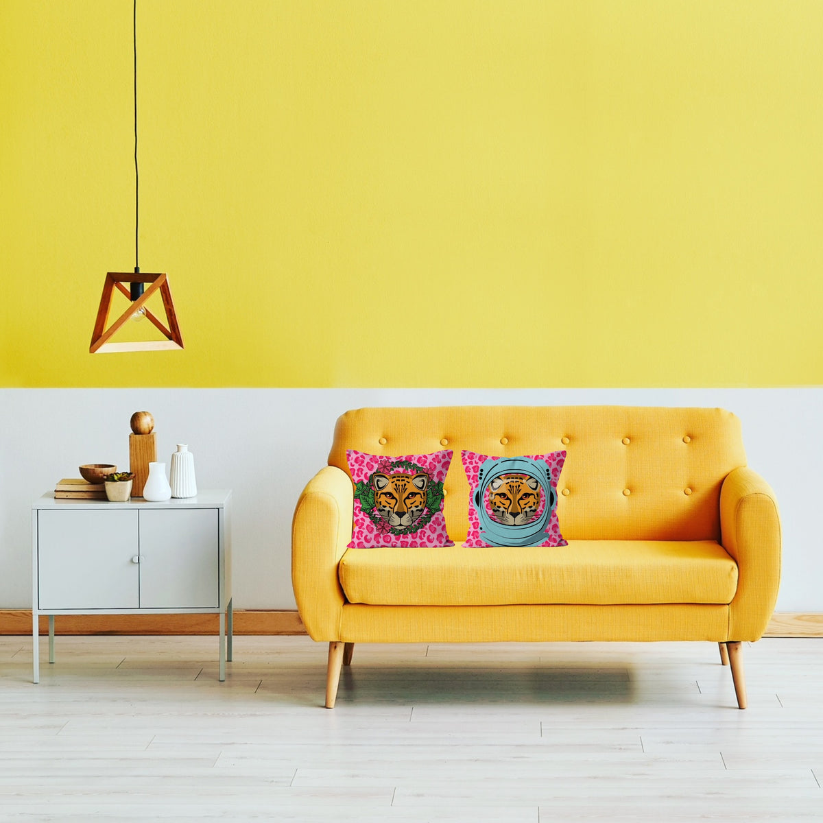 Leopard portrait cushions on a yellow sofa in a bright colourful living room Lizzie Onions Big Cat Collection