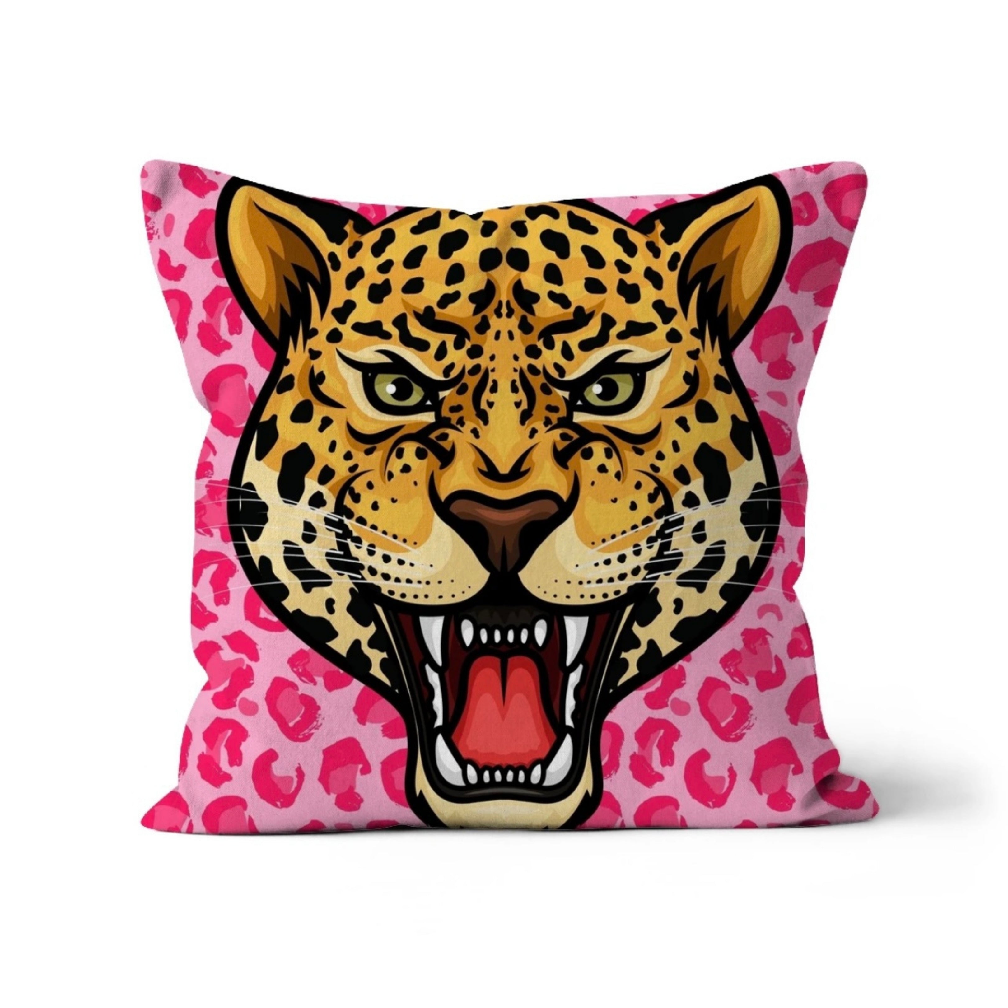 Roaring Leopard cushion with open mouth and pink leopard print background – Lizzie Onion’s Emporium