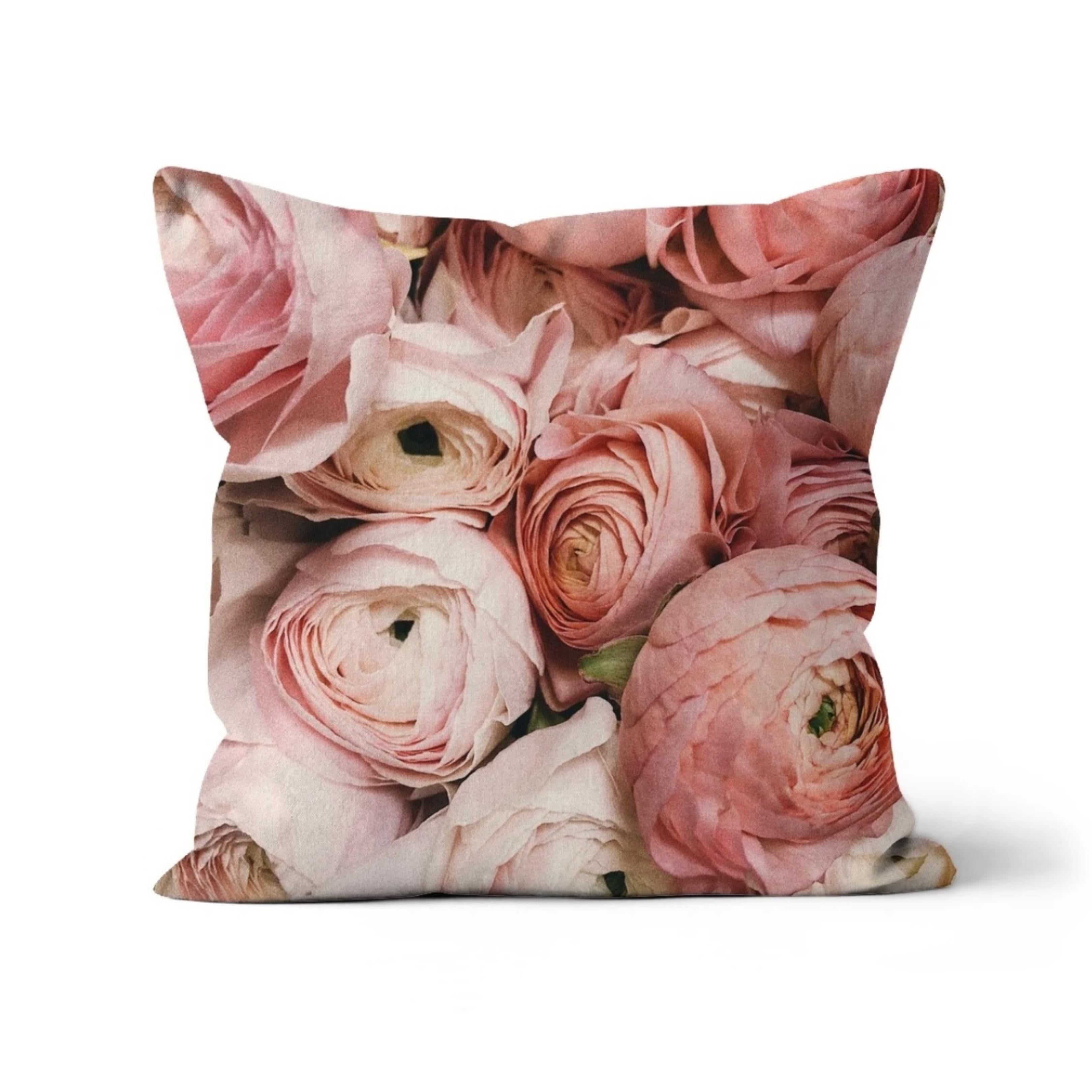 Roses in Shades of Pink cushion featuring soft blush and cream rose print – Lizzie Onion’s Emporium