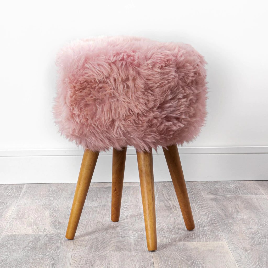 Blush Pink Sheepskin Wooden Stool