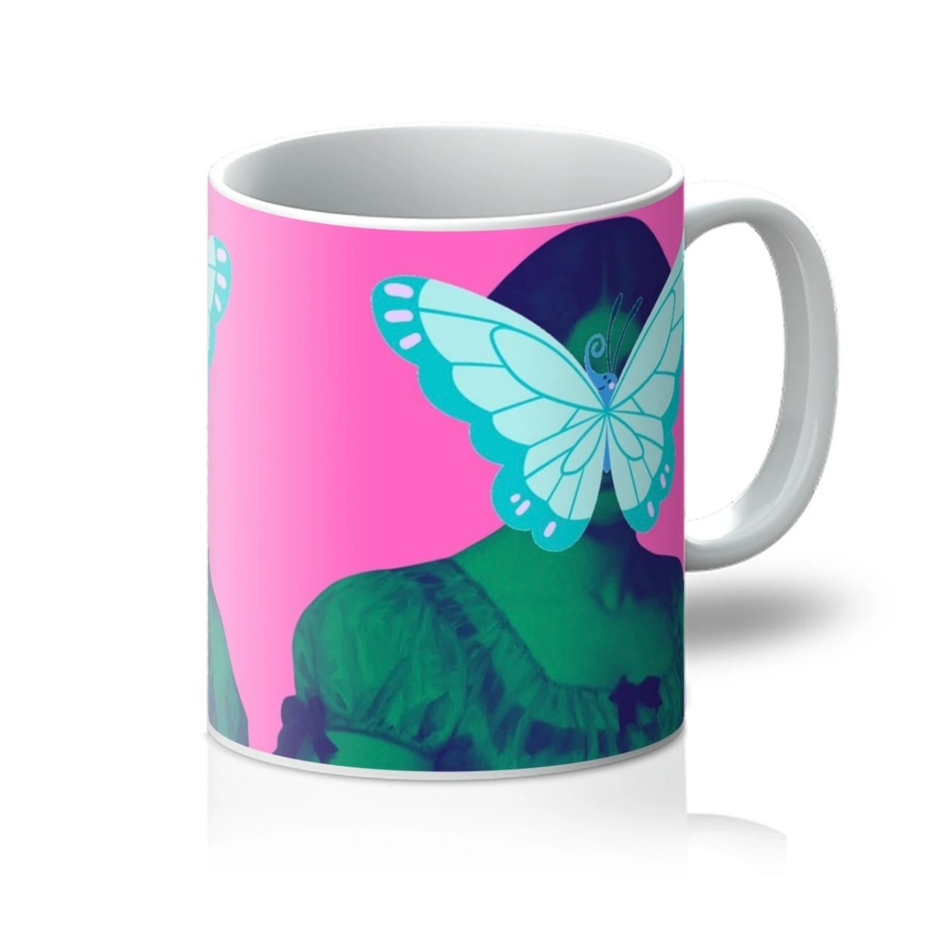 Side view Butterfly Lady mug with pale blue butterfly – colourful art mug by Lizzie Onion.
