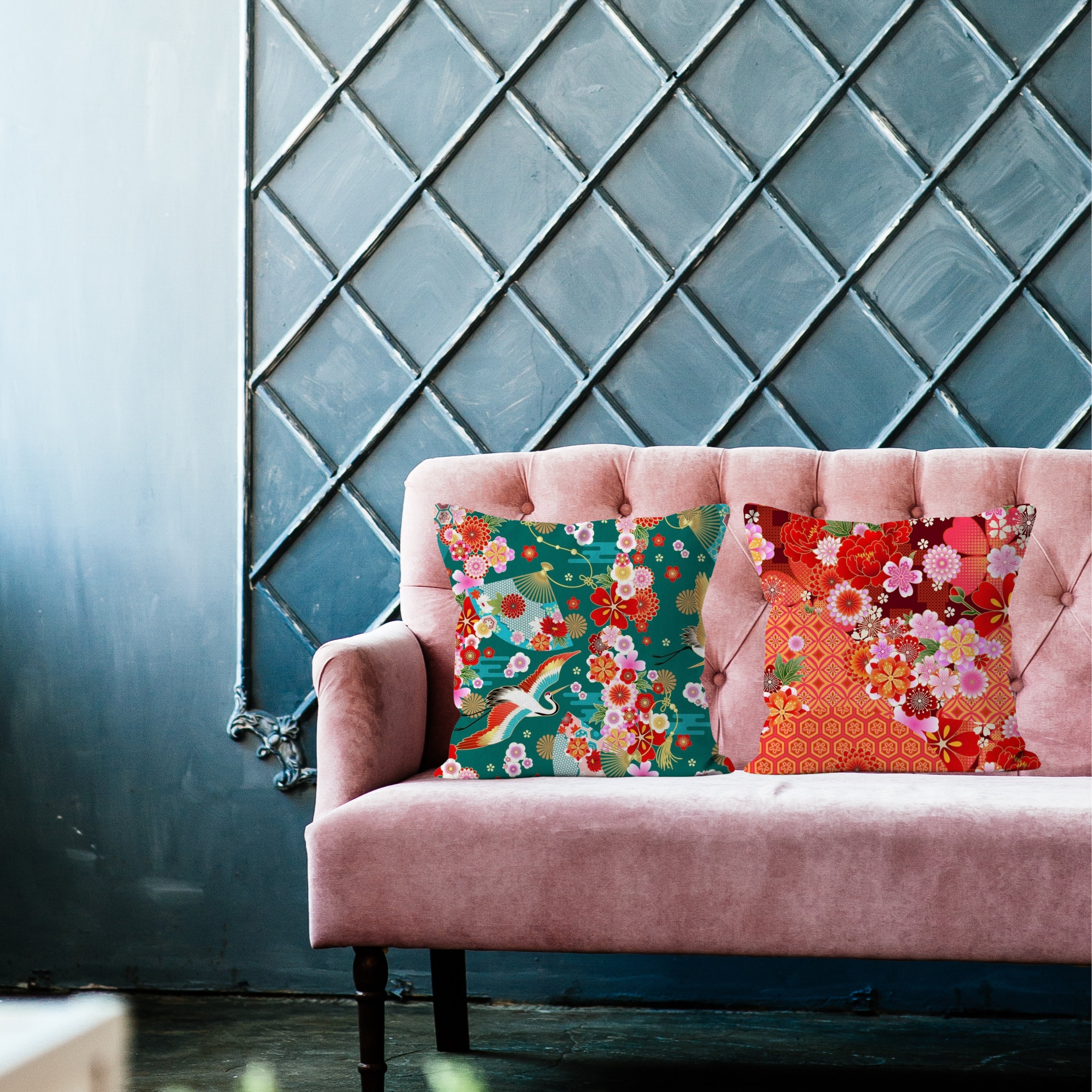 Japanese Kimono Geometric Pattern Surrounded by Flowers Print Cushion