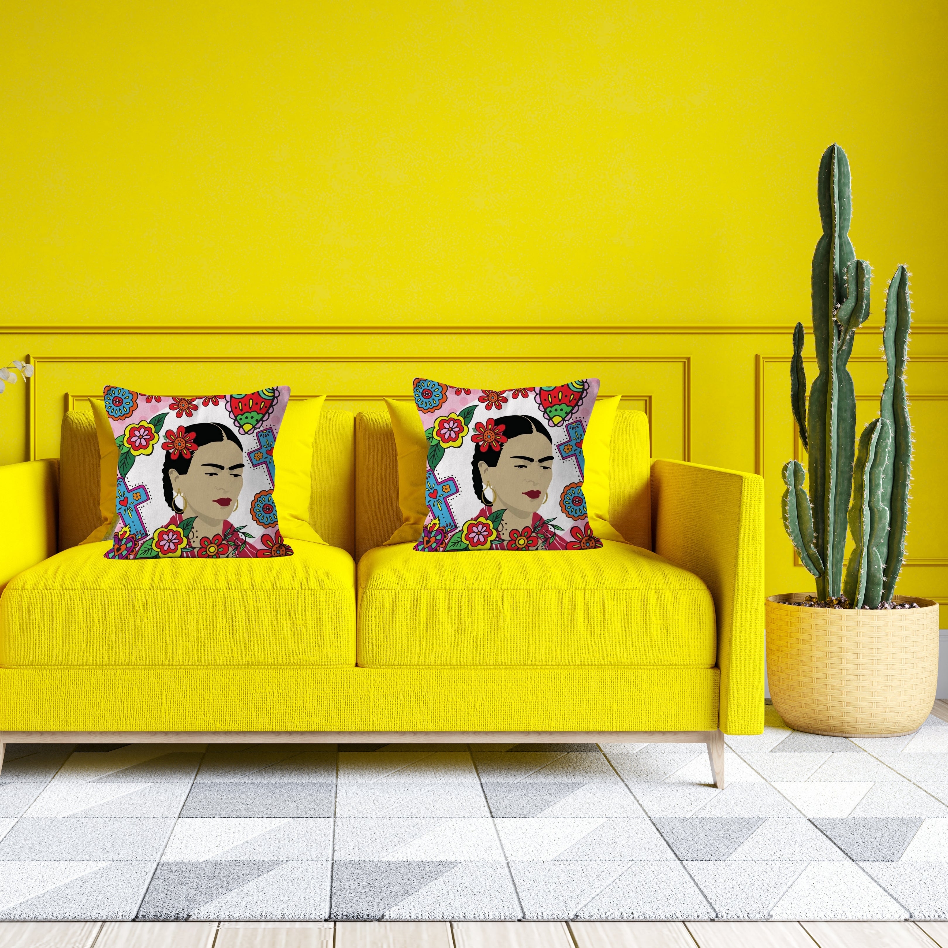 Gorgeous Frida Kahlo Print Surrounded by Mexican Folk Art Cushion