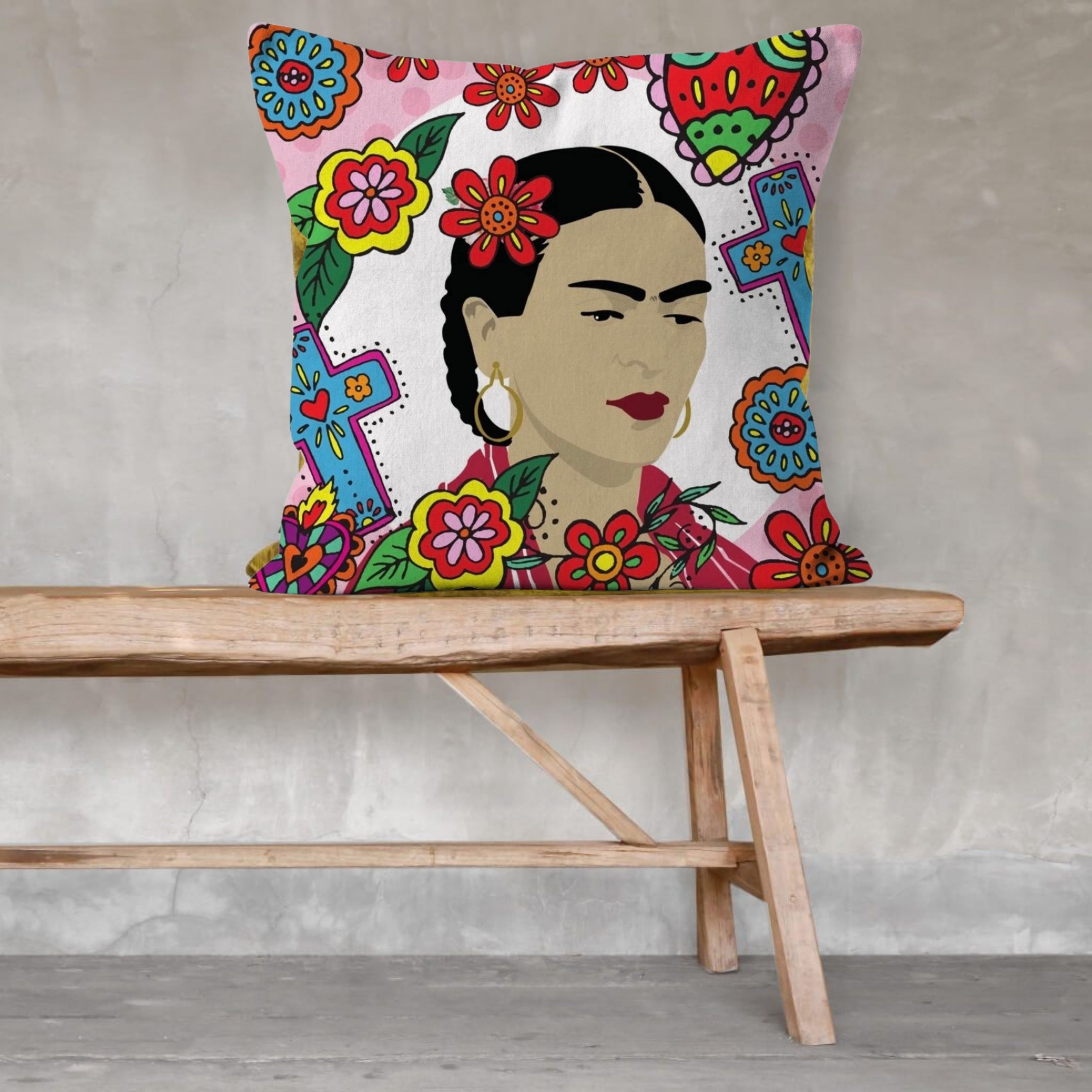Frida Kahlo Print Surrounded by Mexican Folk Art Cushion, available in linen, canvas and faux suede