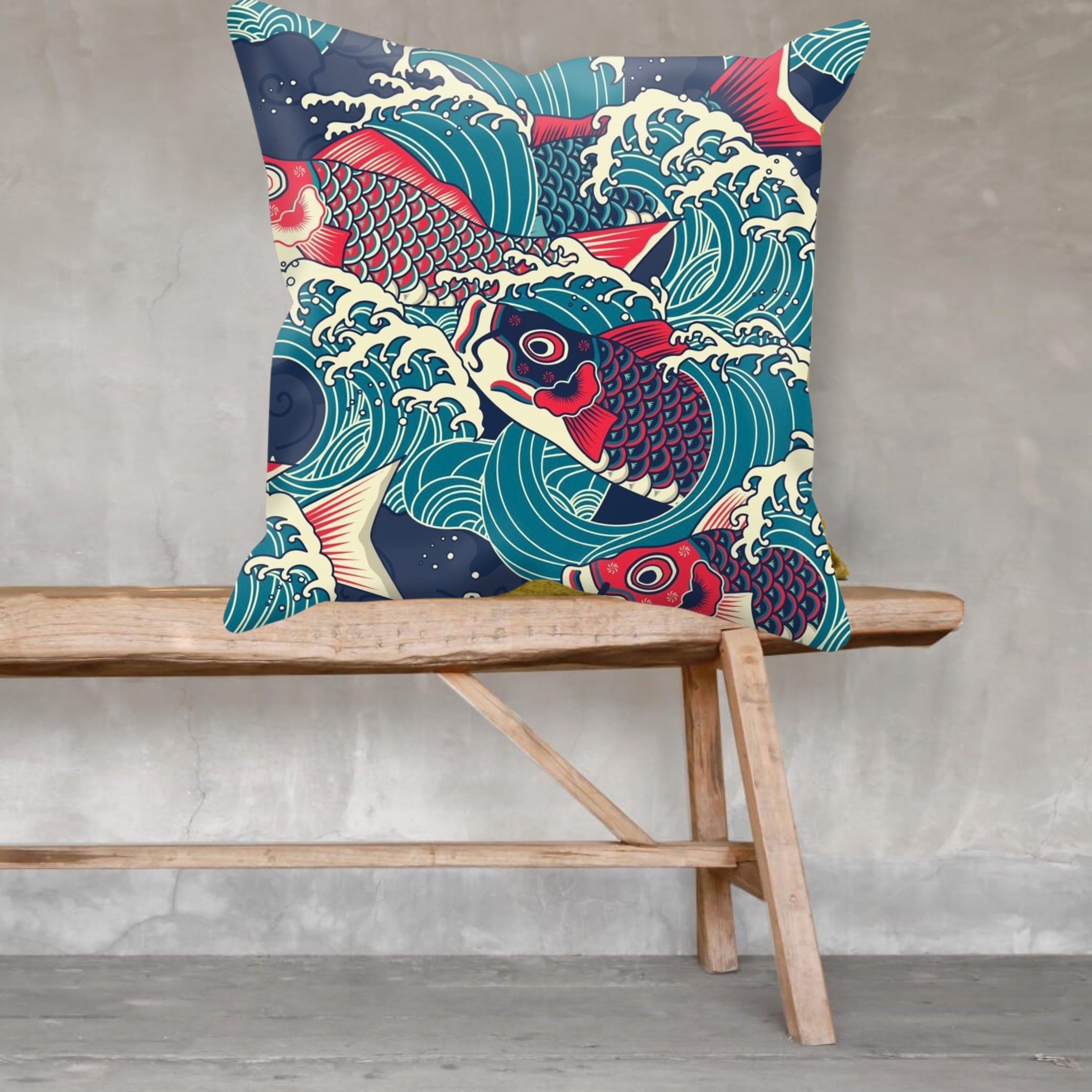 Dramatic Rich Dark Red and Blue Koi Carp Swimming up Through Crashing Waves Single-Sided Printed  Cushion Cover and Pad