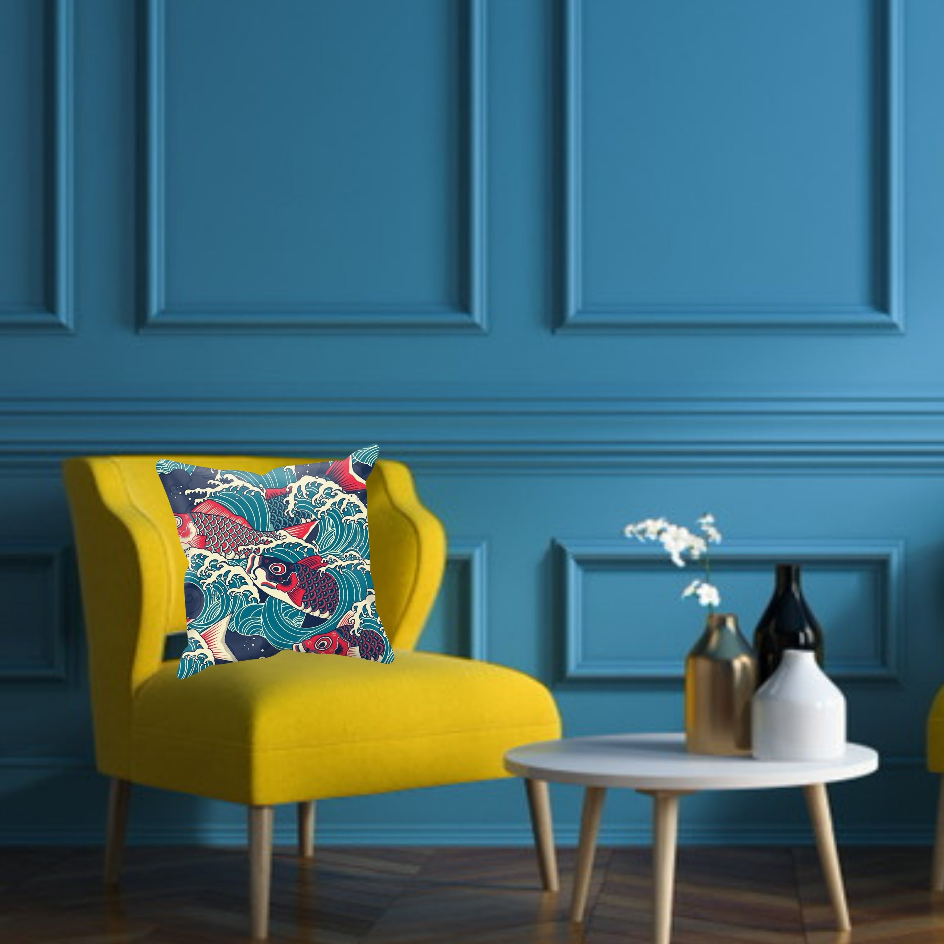 Dramatic Rich Dark Red and Blue Koi Carp Swimming up Through Crashing Waves Single-Sided Printed  Cushion Cover and Pad