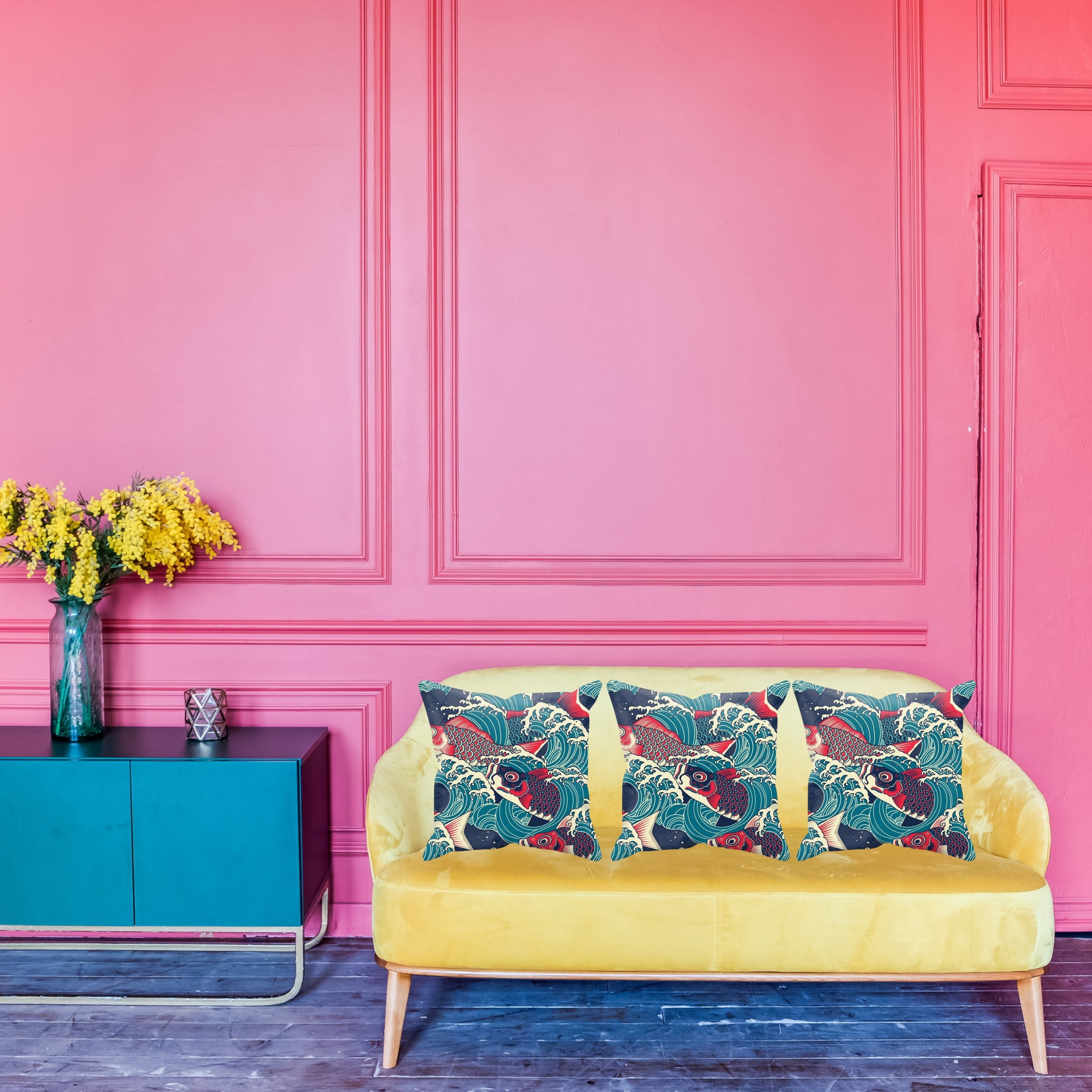 Dramatic Rich Dark Red and Blue Koi Carp Swimming up Through Crashing Waves Single-Sided Printed  Cushion Cover and Pad