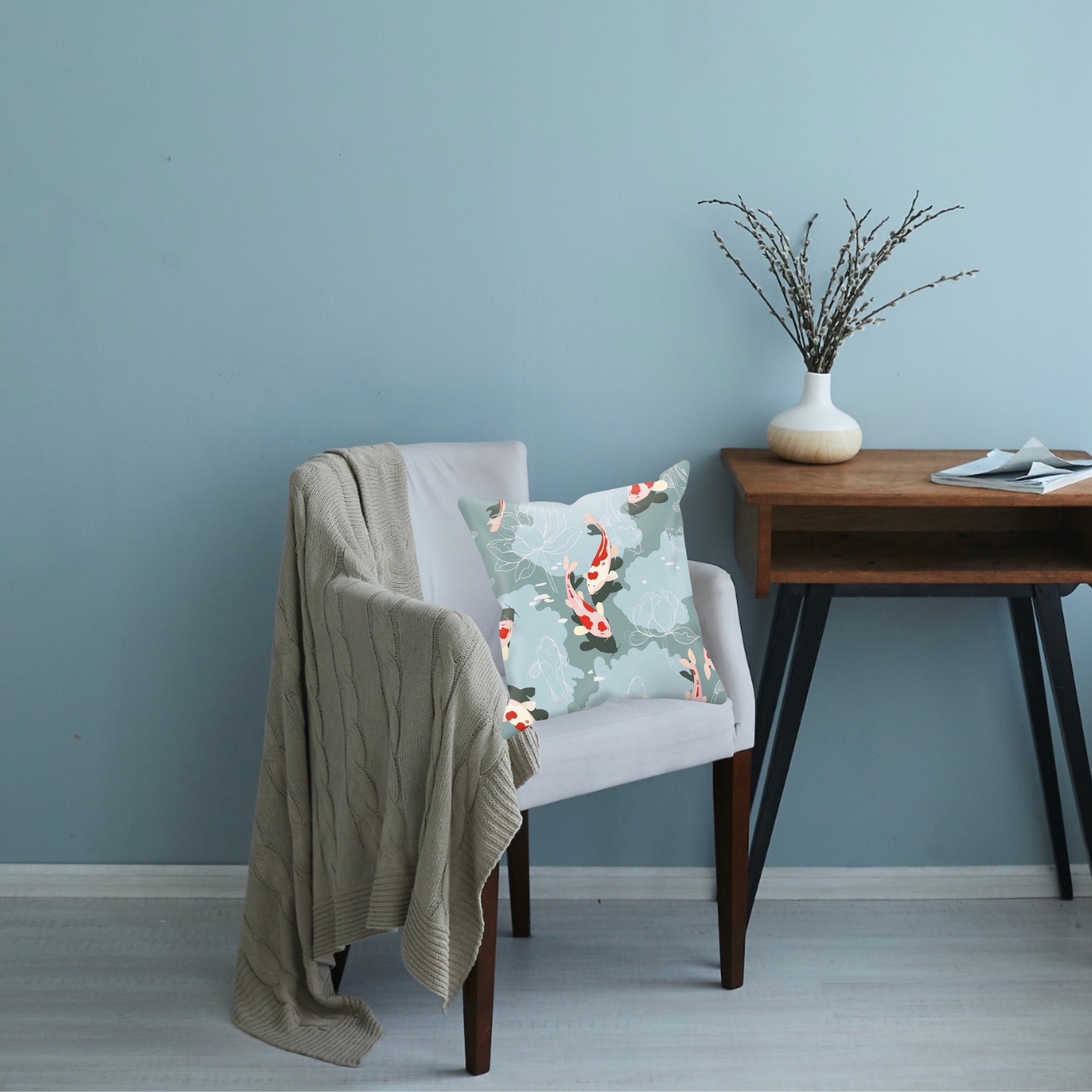 KoI Carp Swimming Amongst Lotus Flowers Print Single-Sided Cushion Cover and Pad