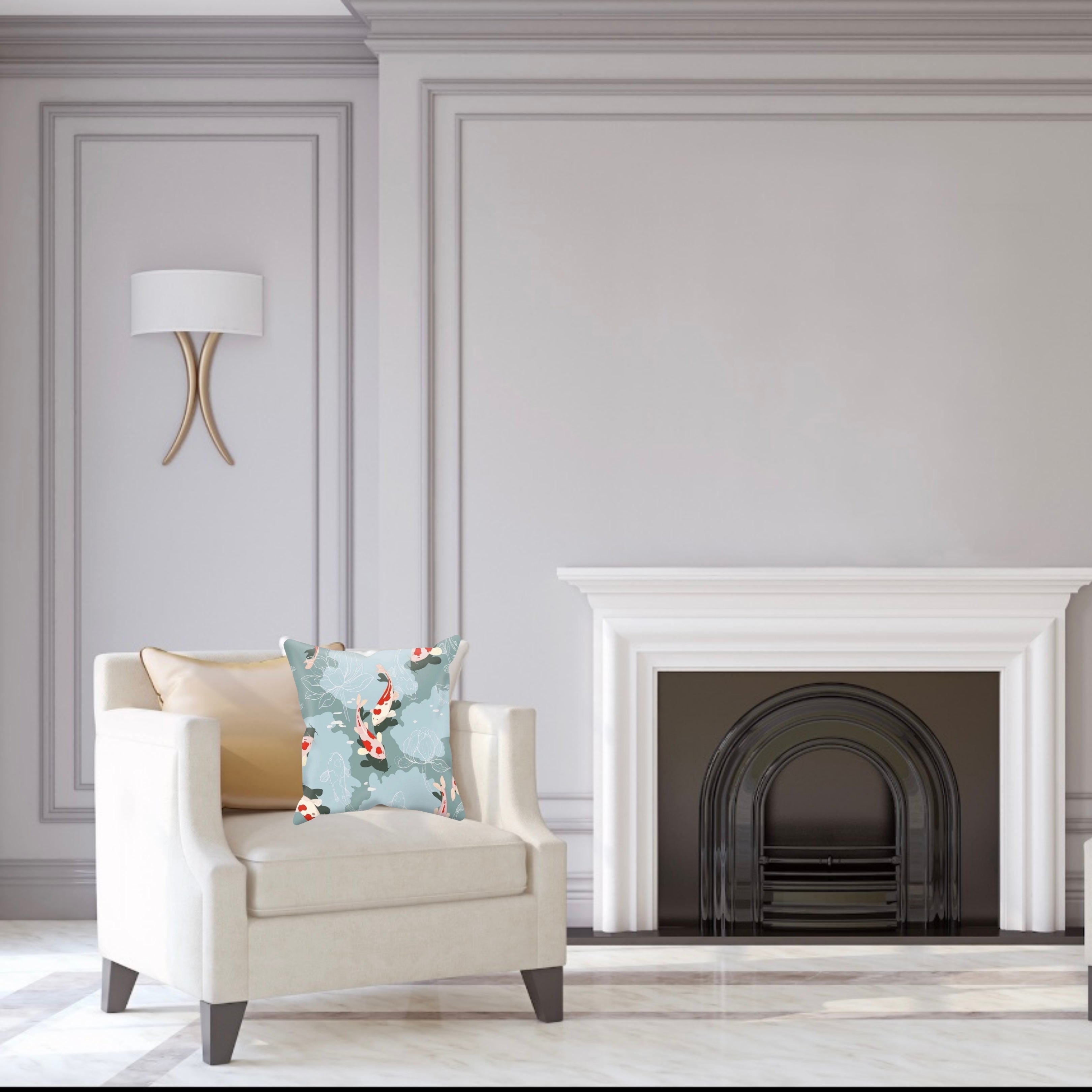 KoI Carp Swimming Amongst Lotus Flowers Print Single-Sided Cushion Cover and Pad