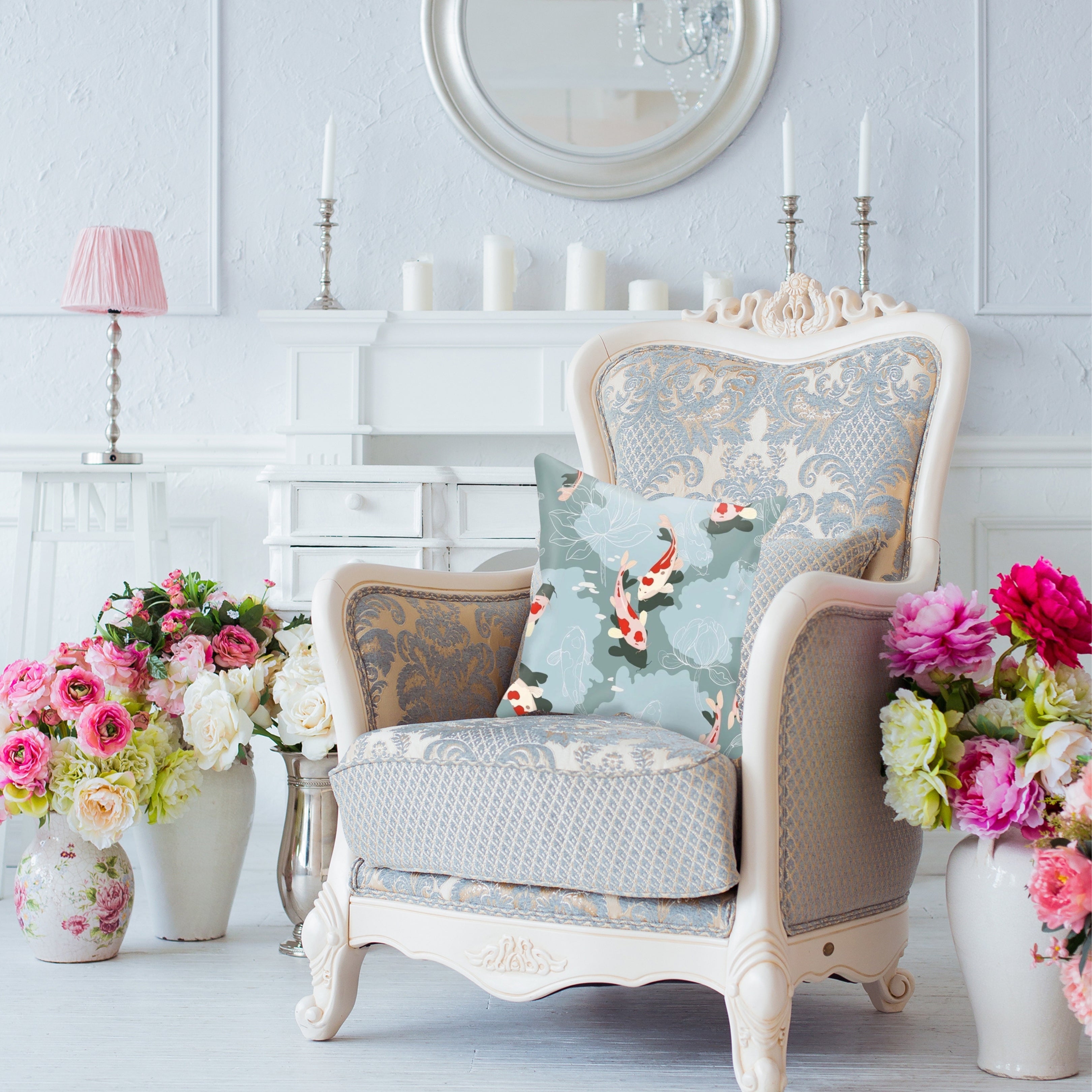 KoI Carp Swimming Amongst Lotus Flowers Print Single-Sided Cushion Cover and Pad