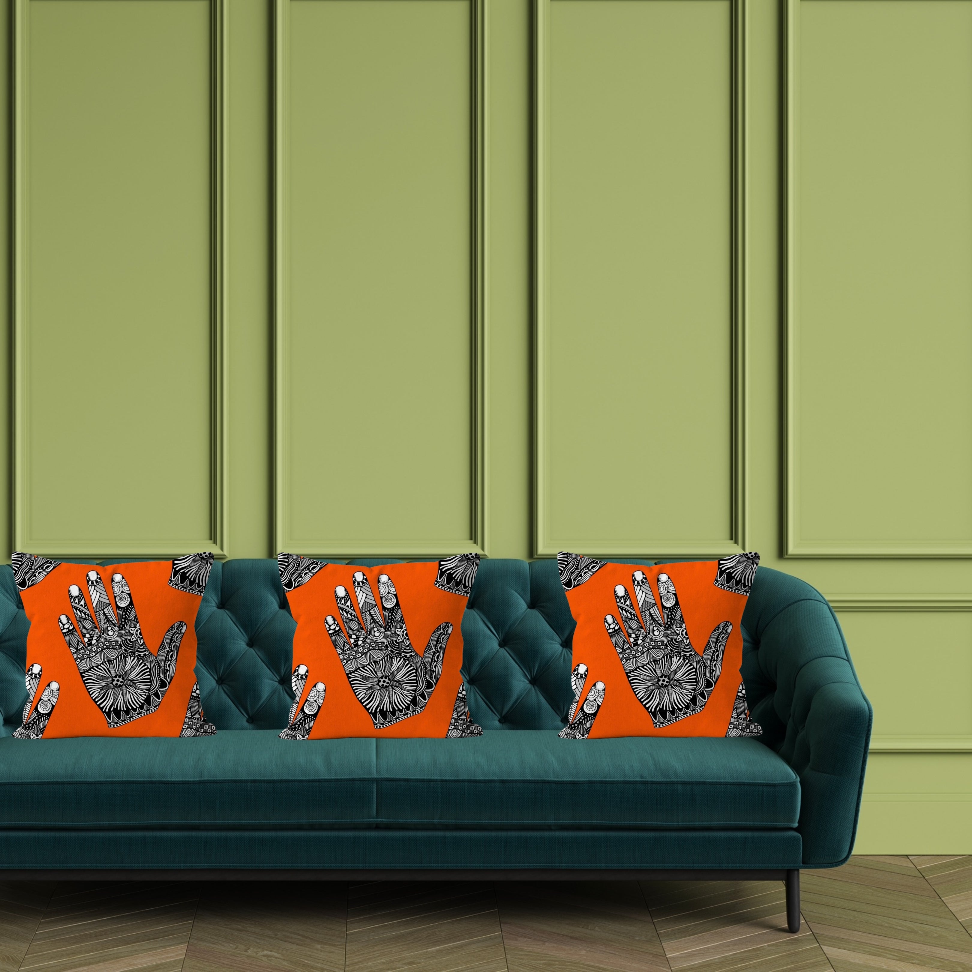 Beautiful Zentangle Drawings of Hands on a Vivid Orange Printed Cushion and Pad