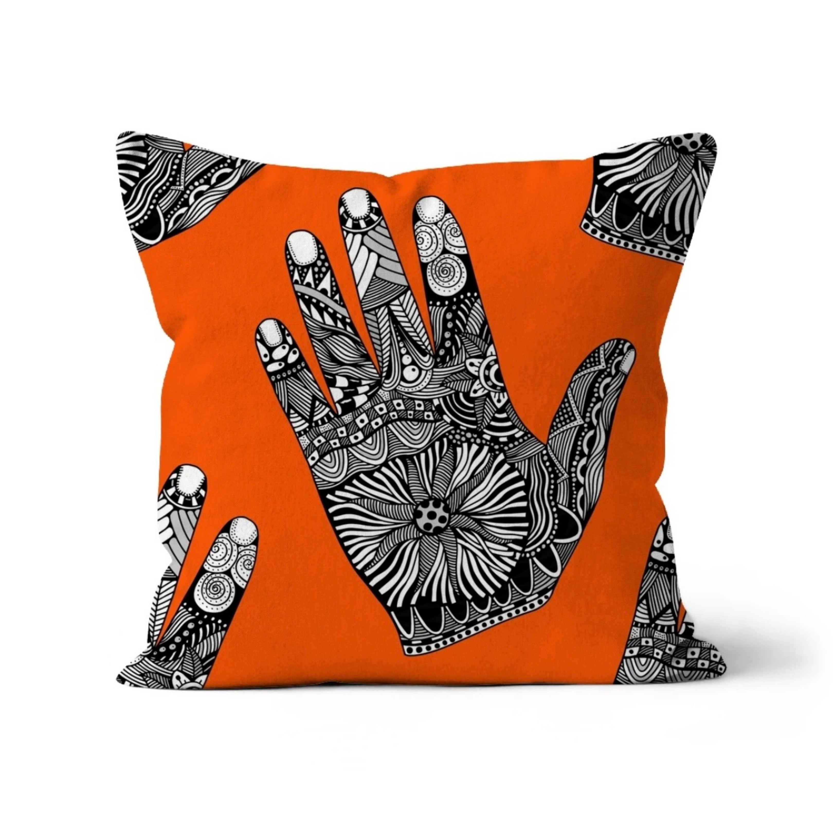 Beautiful Zentangle Drawings of Hands on a Vivid Orange Printed Cushion and Pad